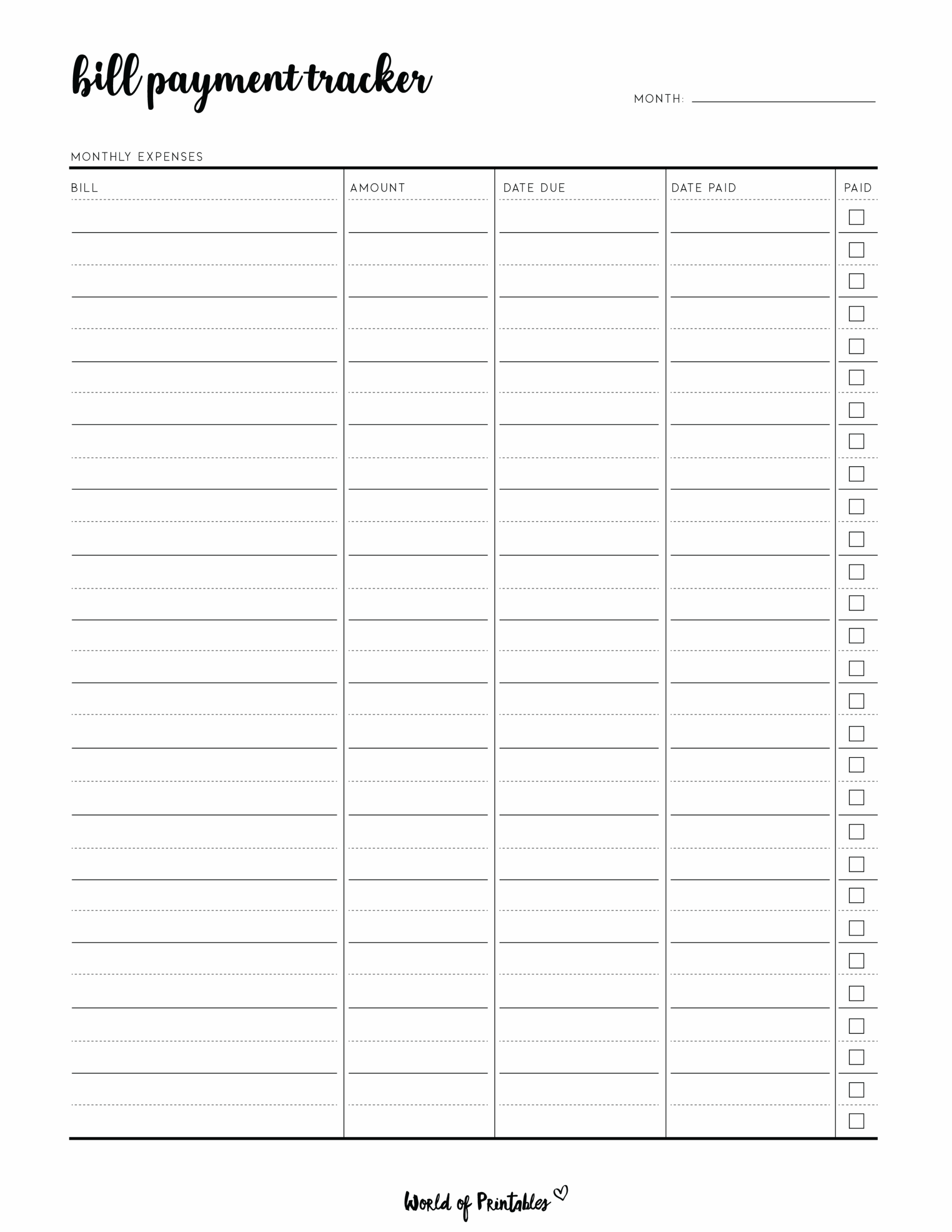 bill tracker printable