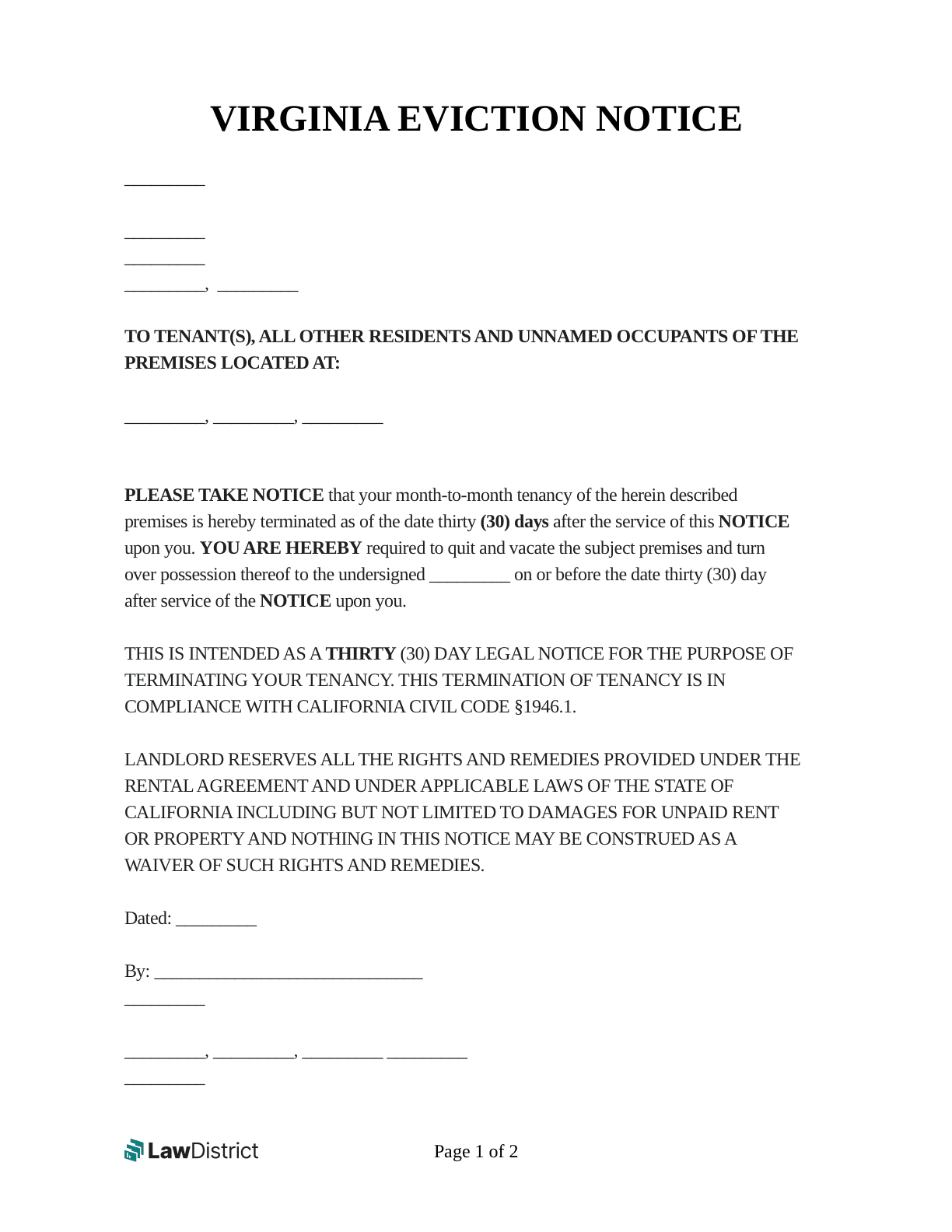 Free Virginia Eviction Notice PDF Word LawDistrict