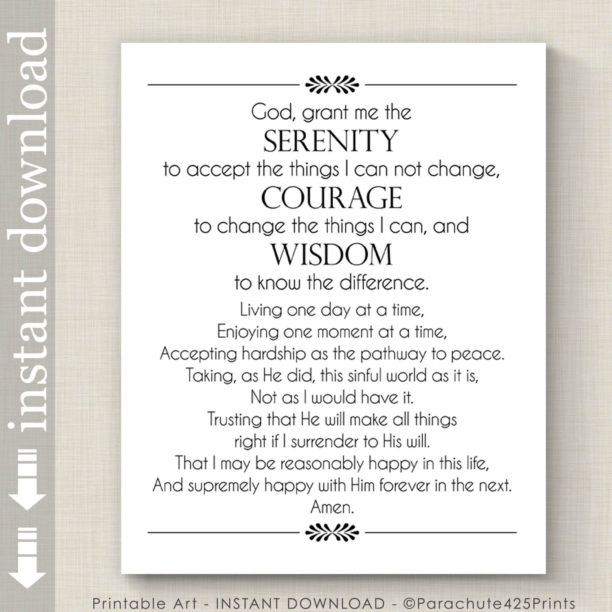 Full Serenity Prayer Printable Wall Art Inspirational Quote For AA Support Etsy