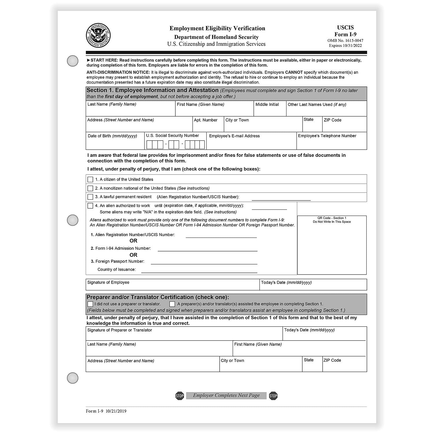 I 9 Employment Eligibility Verification 1 part Paper Forms 100 Per Pkg 