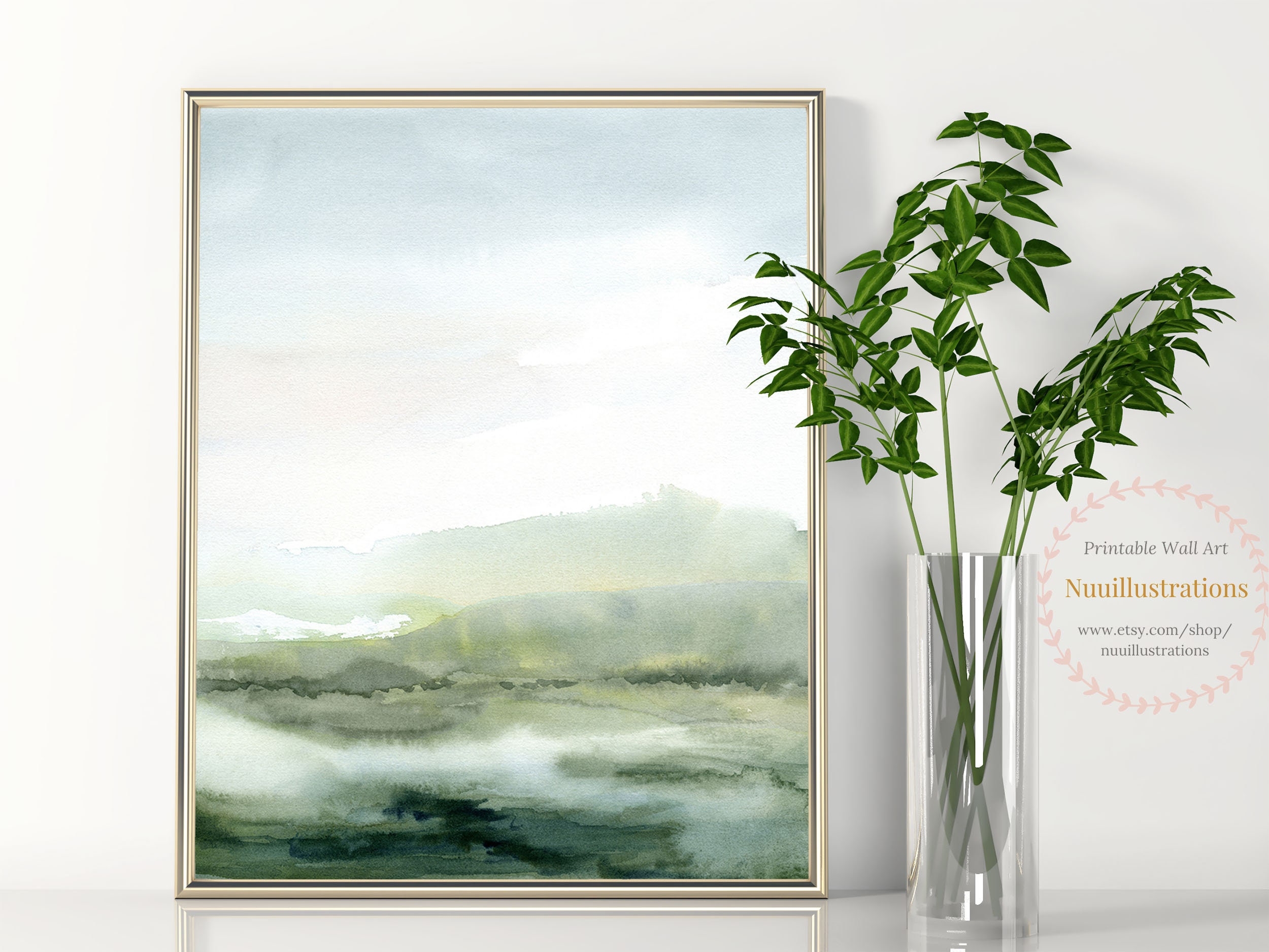 Landscape Printable Abstract Wall Art Misty Green River Digital Instant Download DIY Print Minimal Watercolor Painting V2 Etsy