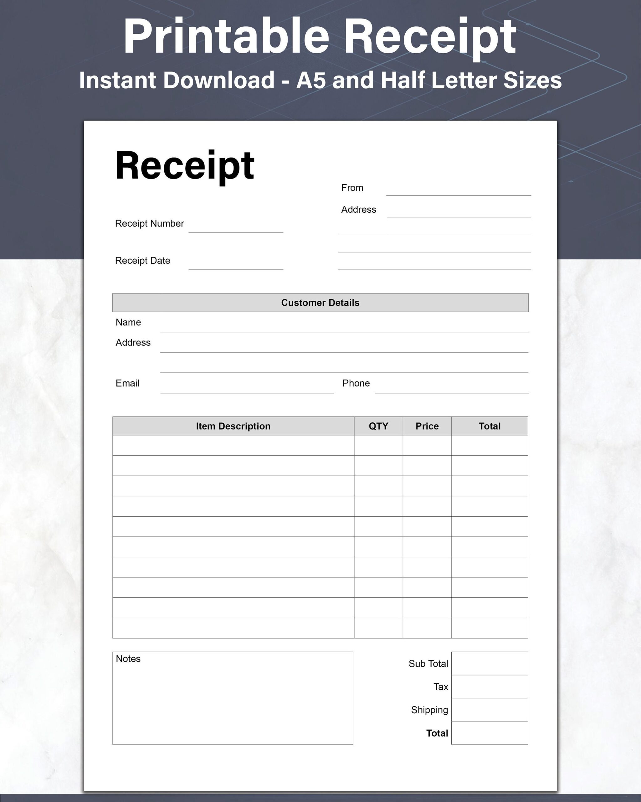 Receipt Printable Customer Order Receipt Form Sales Order Receipt Template A5 And Half Letter Ideal For Small Business Or Online Shops Etsy