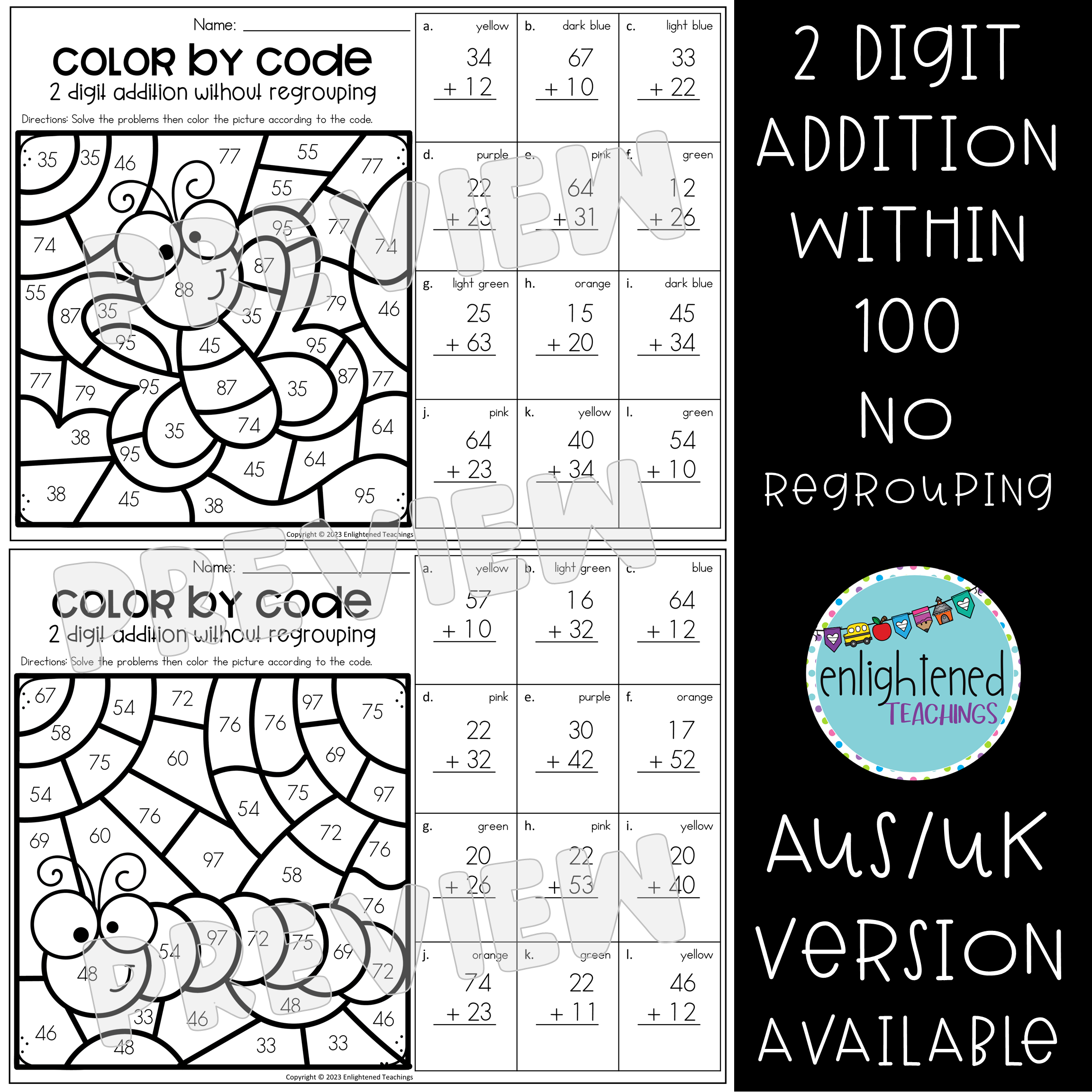 2 digit addition free printable coloring worksheet