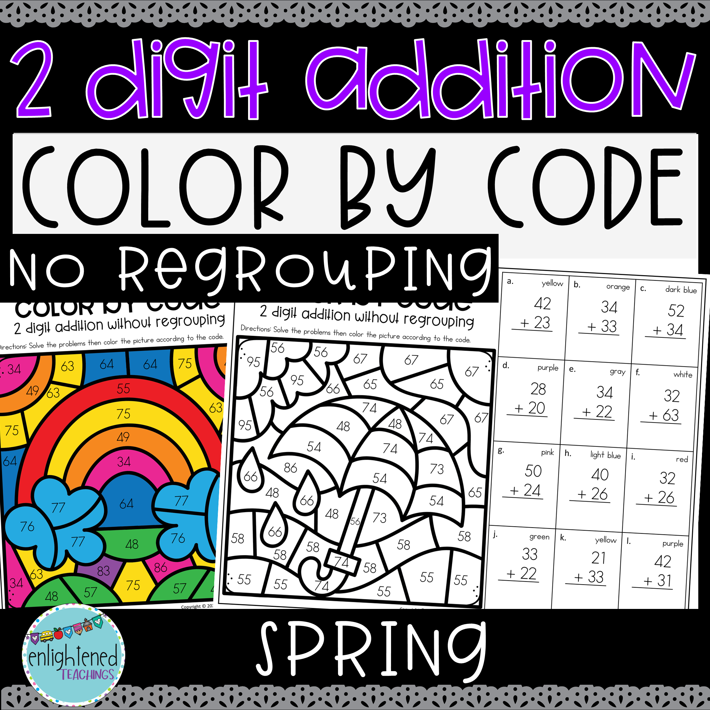 Spring 2 Digit Addition Without Regrouping Worksheet Color By Code Made By Teachers