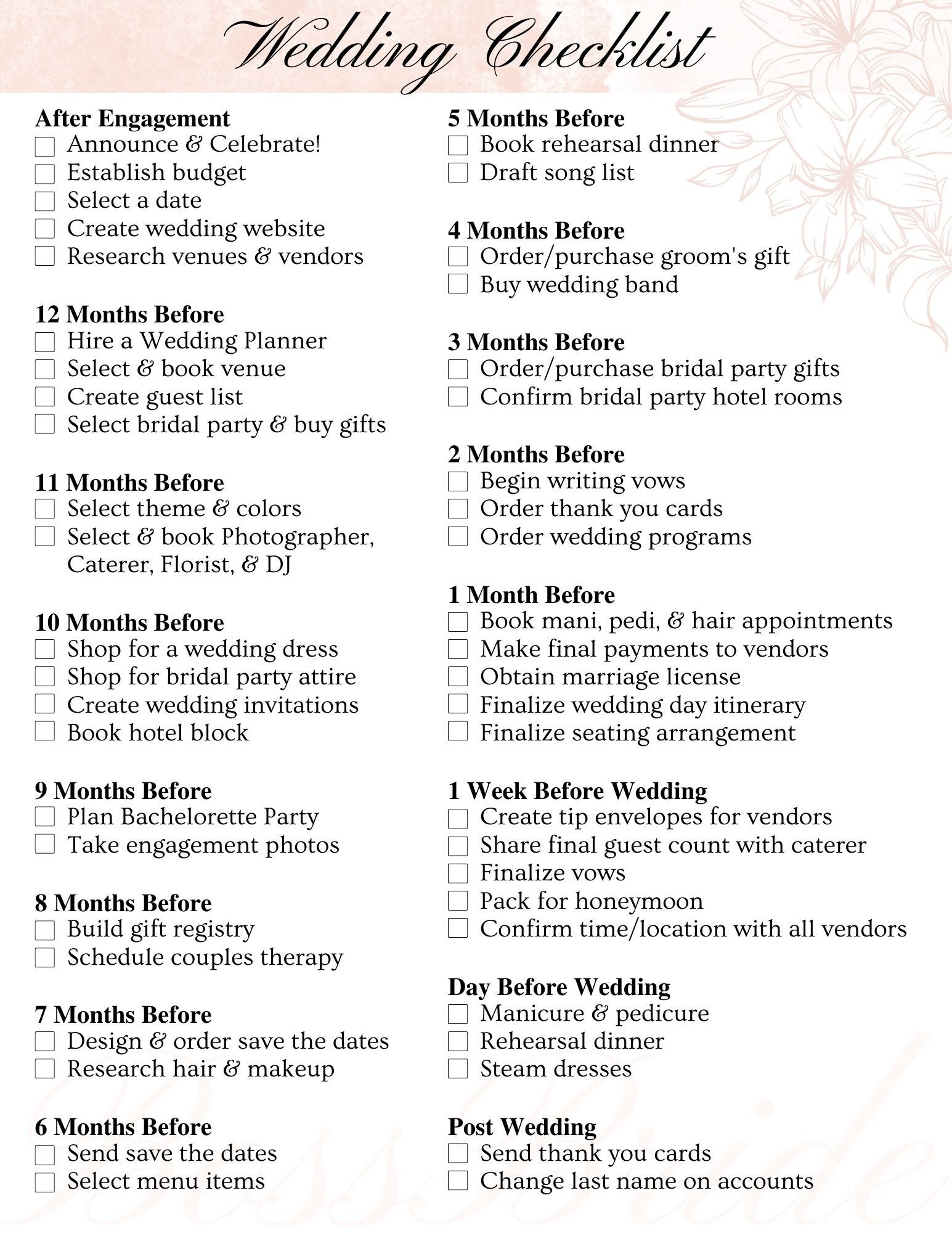 Wedding Checklist Printable