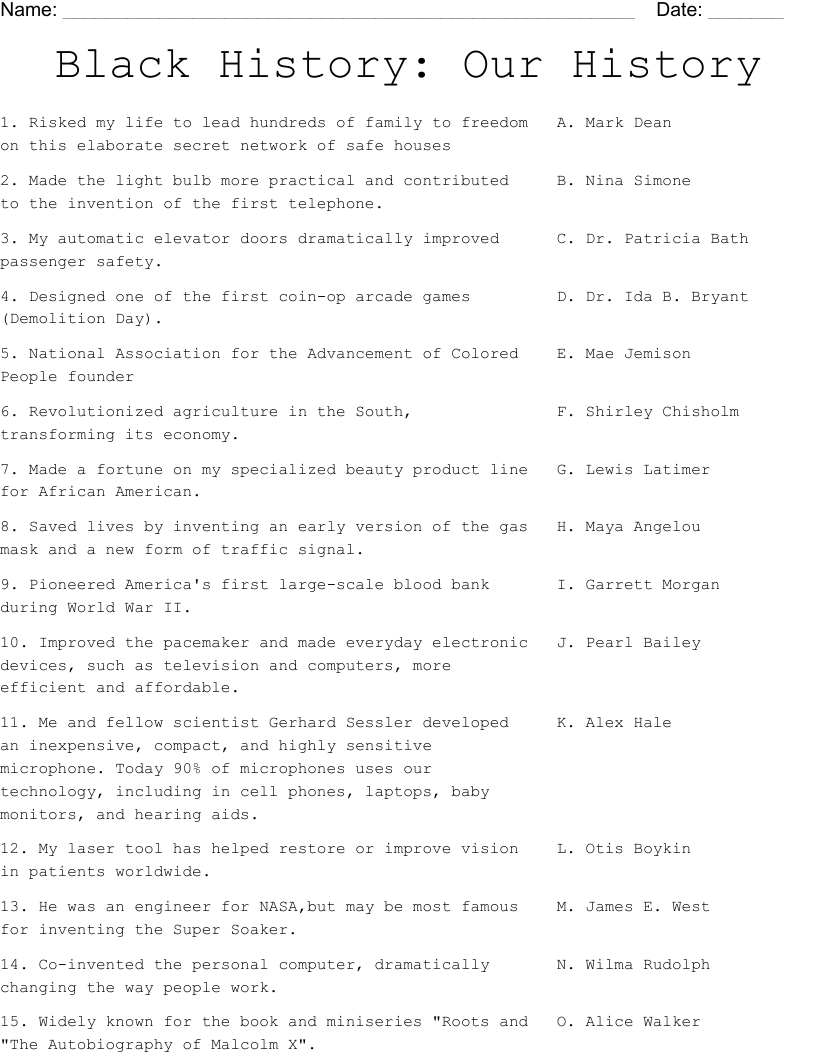 Free Printable Black History Worksheets Pdf