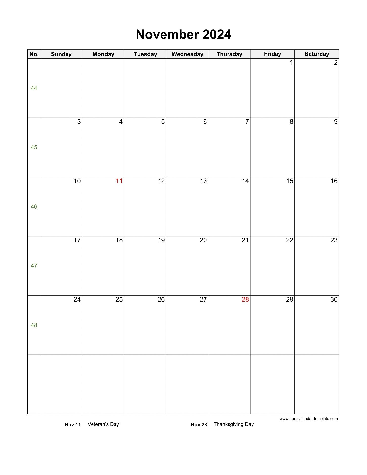 2024 November Calendar Blank Vertical Template Free calendar template