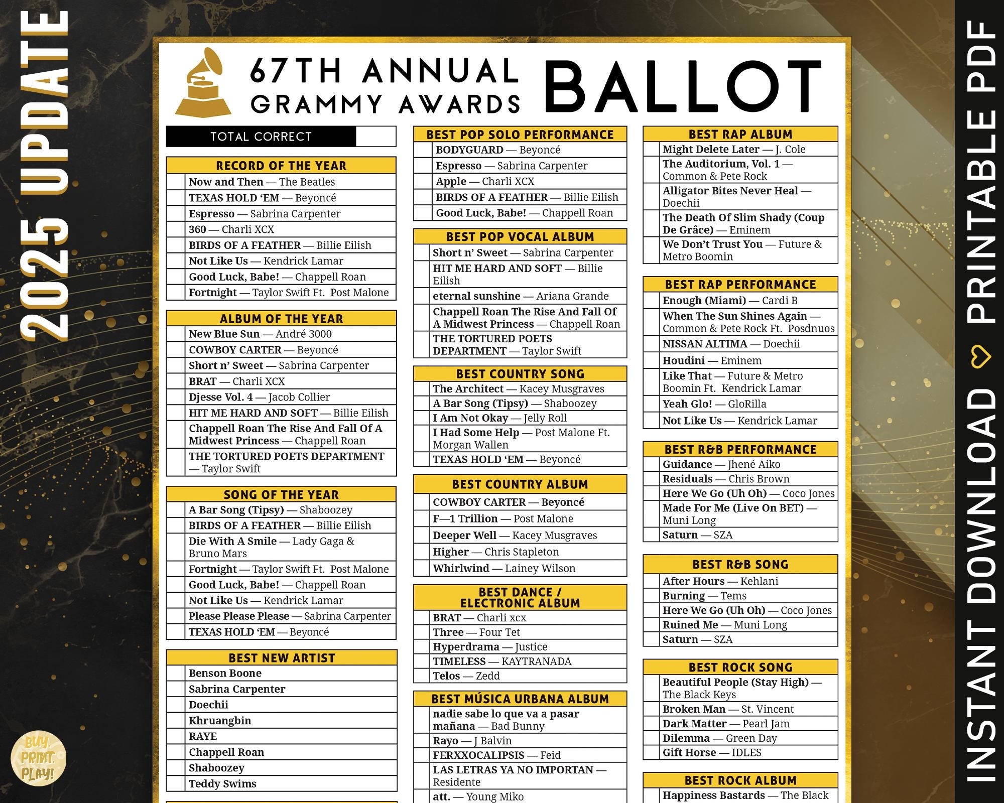 2025 Grammys Ballot 67th Music Awards Predictions Academy Awards Watch Party Only 18 Major Categories Included 30 Bingo Cards Etsy Canada
