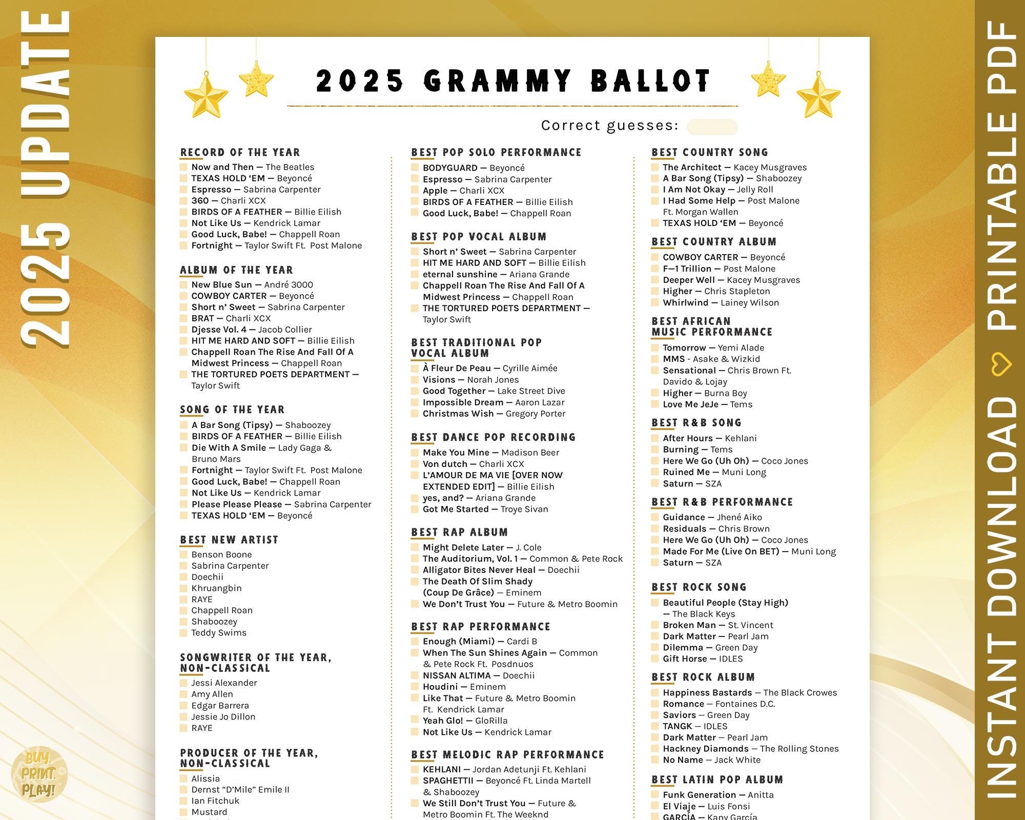 2025 Grammys Ballot With 24 Major Categories For 67th Music Awards Printable Predictions Voting Game For Academy Ceremony Watch Party Etsy