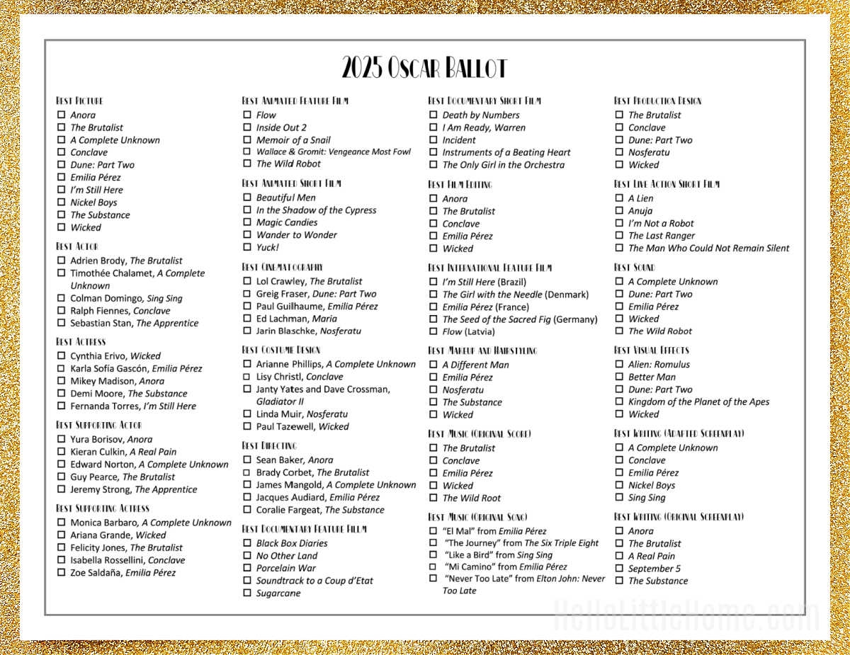 Printable Oscar Ballot 2025
