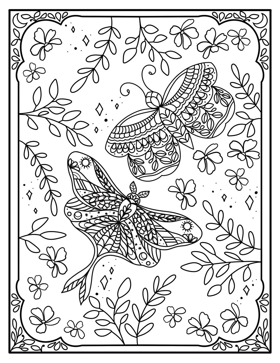 Butterfly And Moth Printable Coloring Page Summer Vibes Magical Etsy