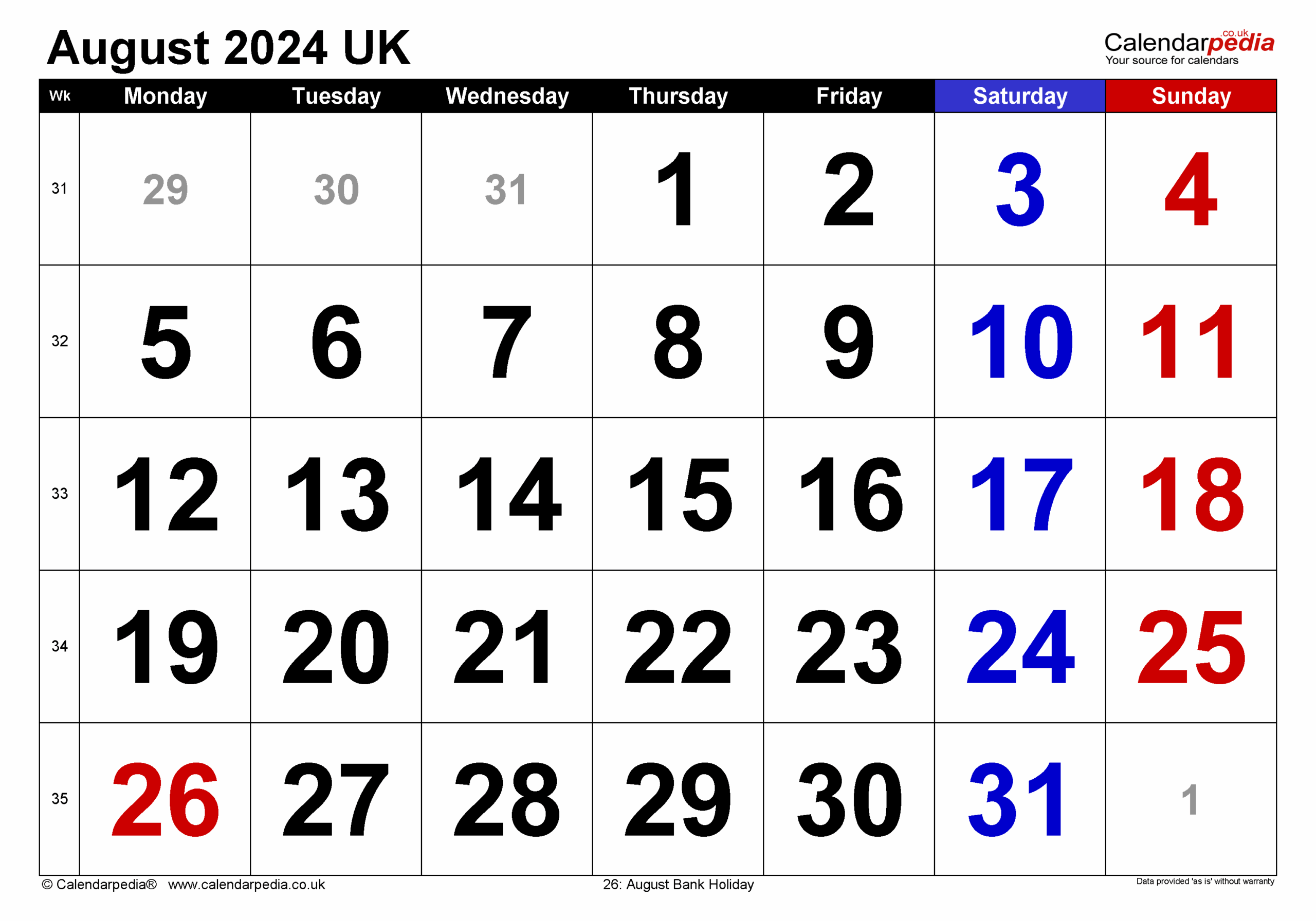 Calendar August 2024 UK With PDF Excel And Word Templates