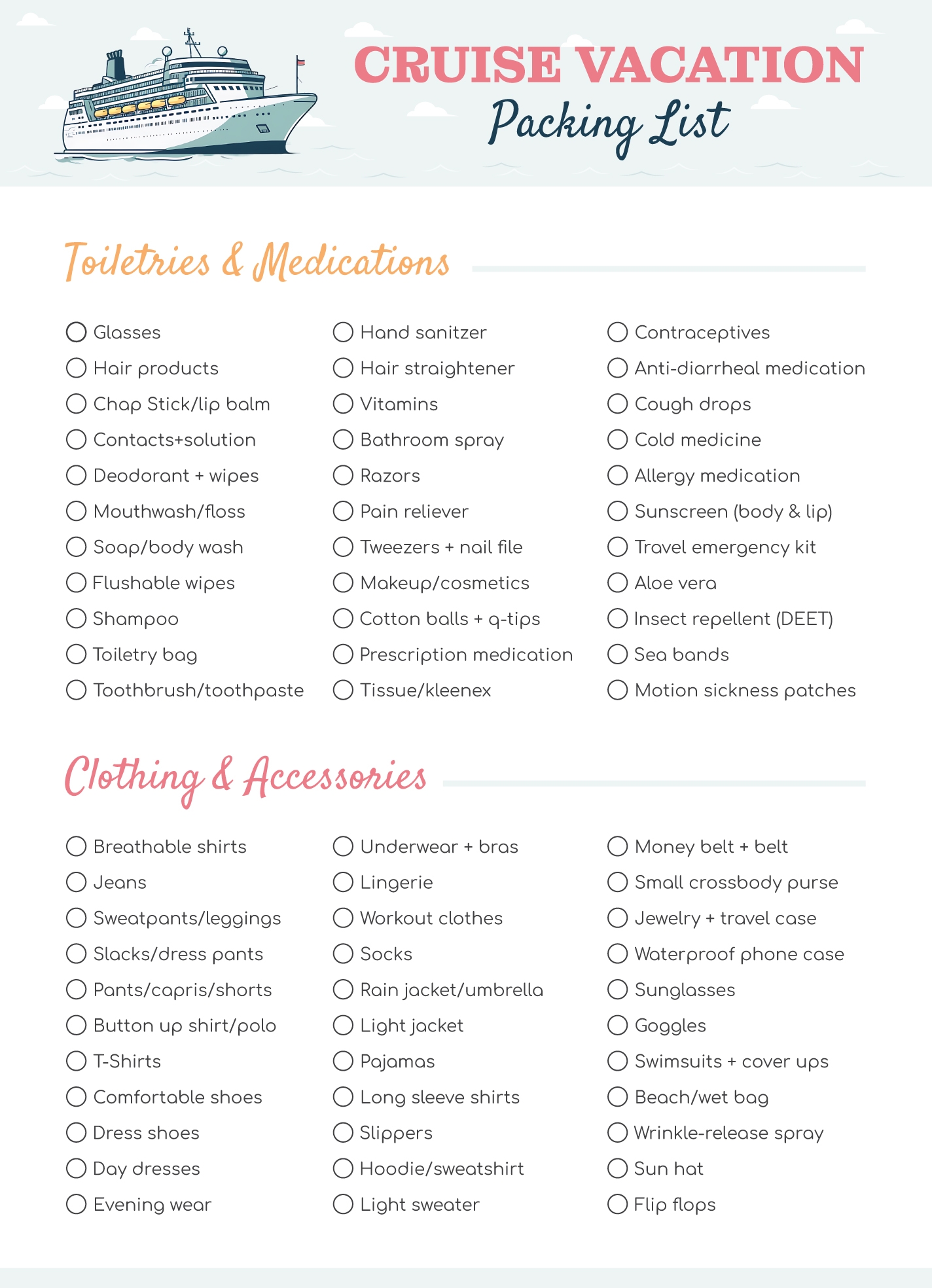 cruise packing checklist printable