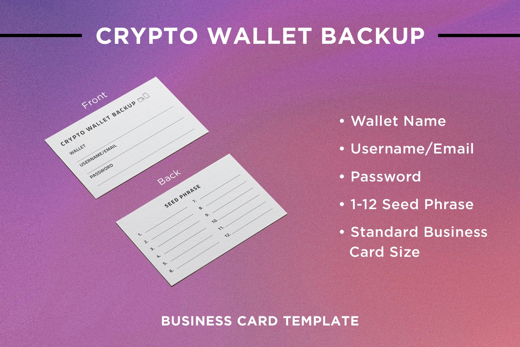 Crypto Seed Phrase Backup Business Card Printable 3 5 X 2 Template PDF Etsy