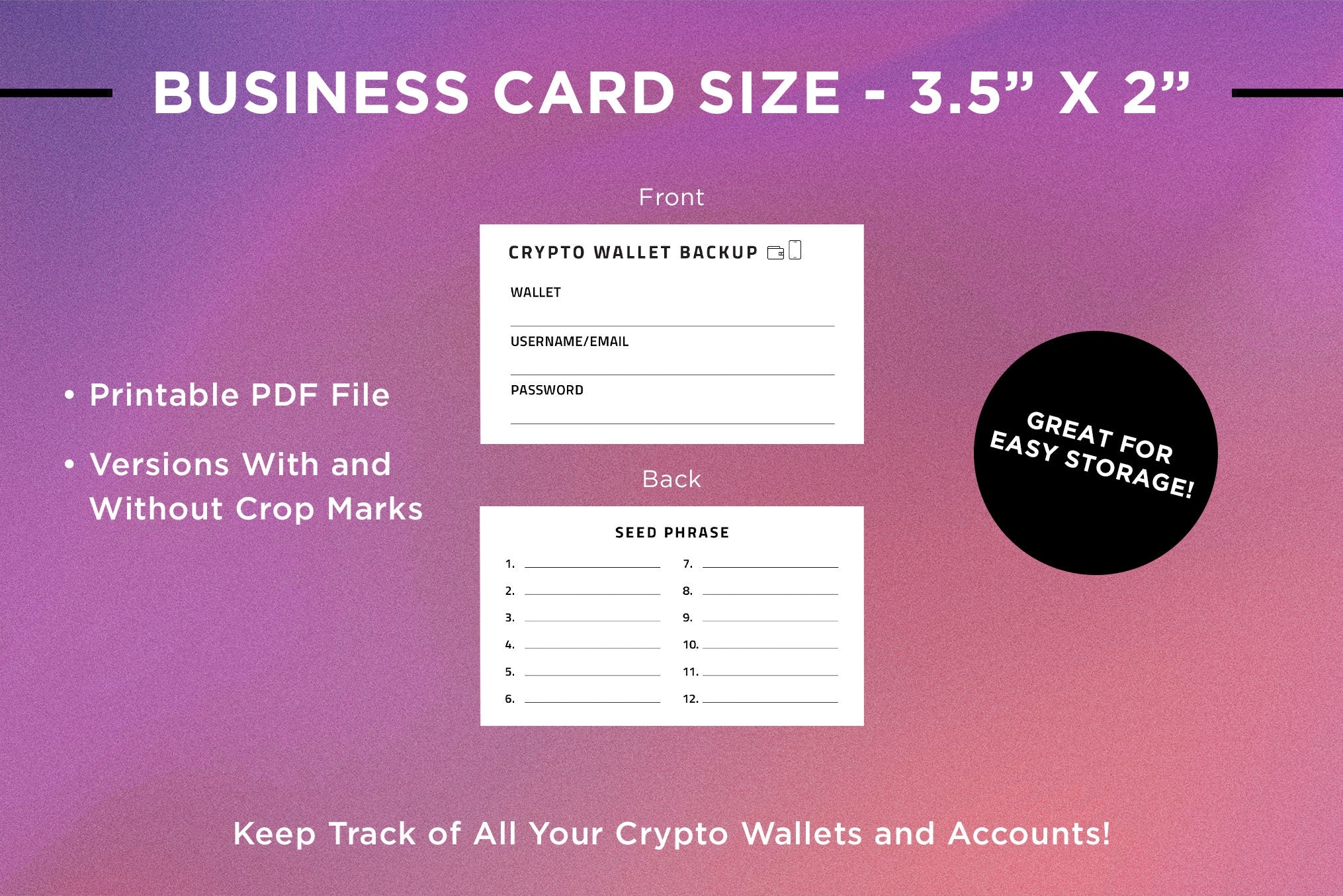 Crypto Seed Phrase Backup Business Card Printable 3 5 X 2 Template PDF Etsy