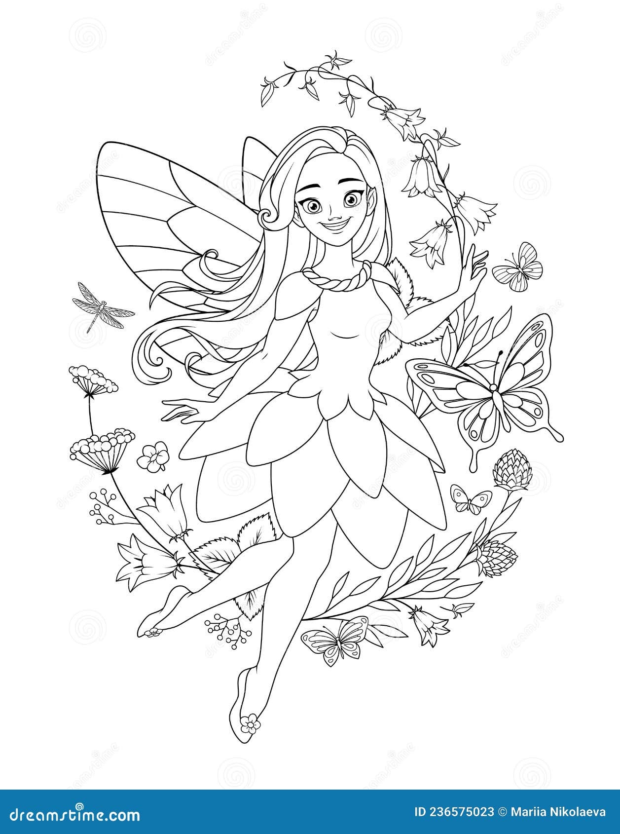 Cute Flying Fairy With Wings Surrounded With Butterflies And Flowers Vector Coloring Page Stock Vector Illustration Of Flower Beautiful 236575023