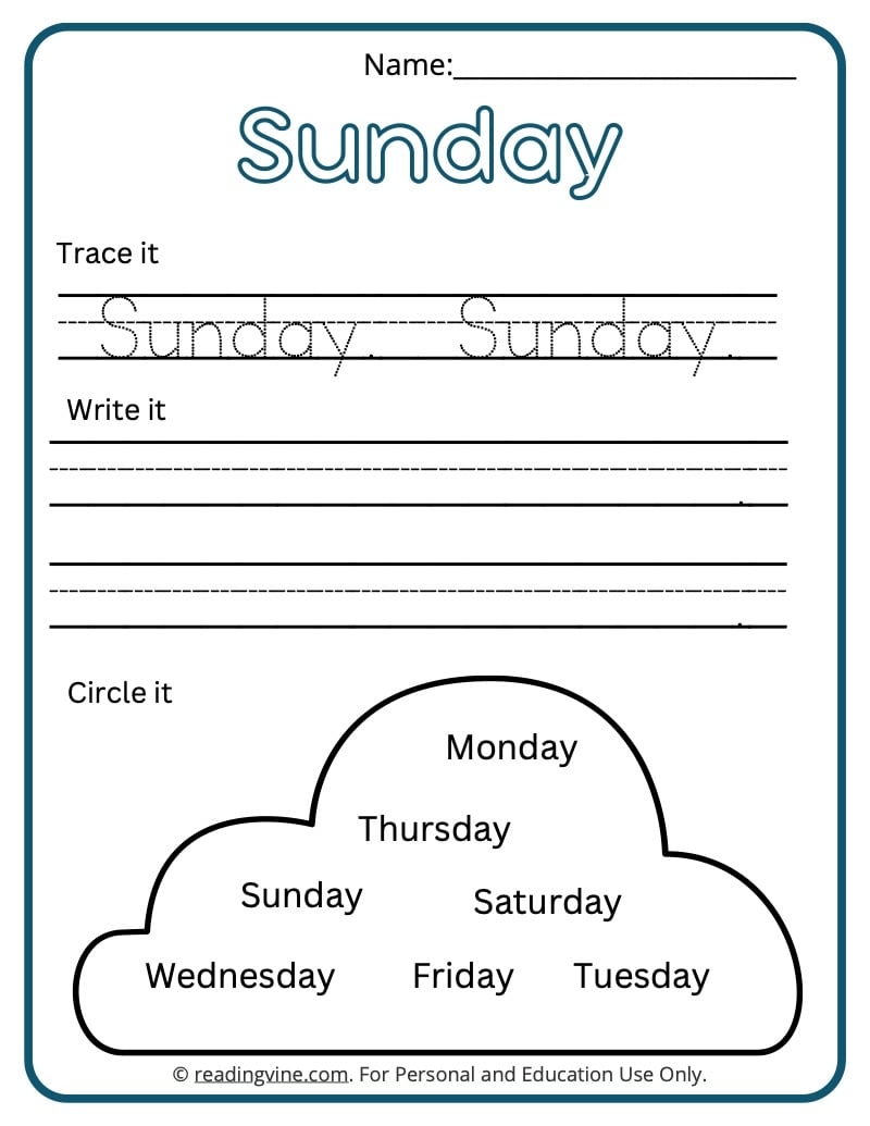 days of the week printable