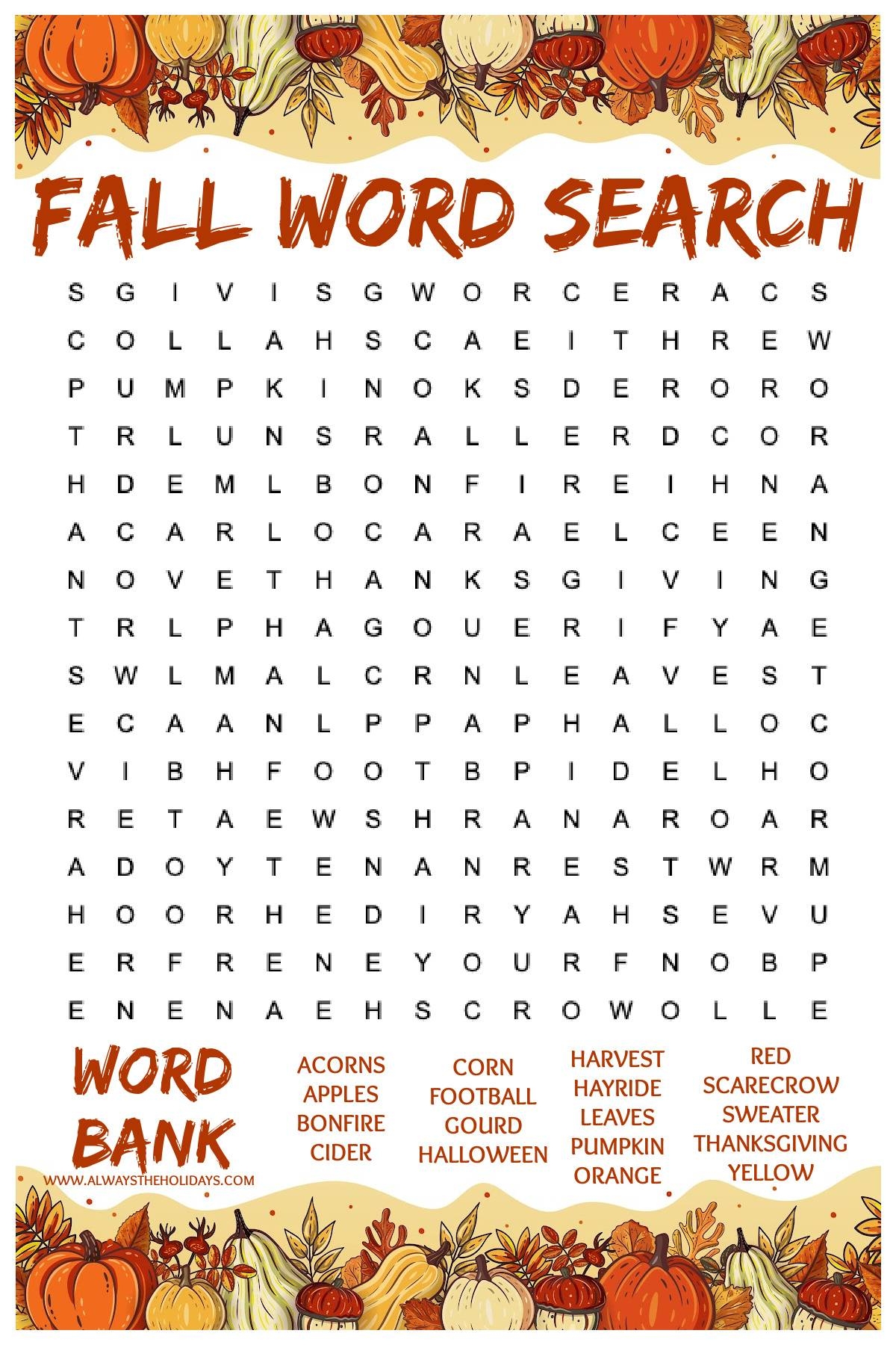 fall word search printable