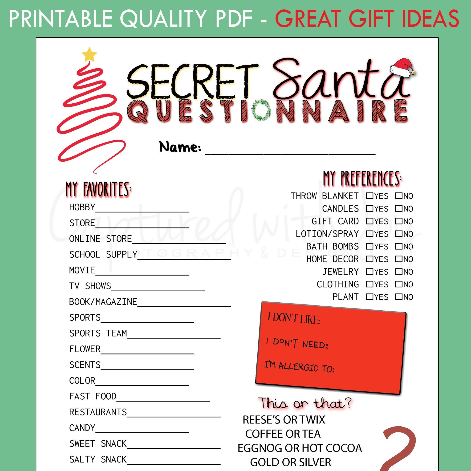 Secret Santa Questionnaire Printable
