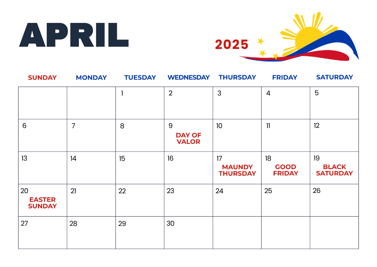 Free April 2025 Calendar With Philippine Holidays Template To Edit Online