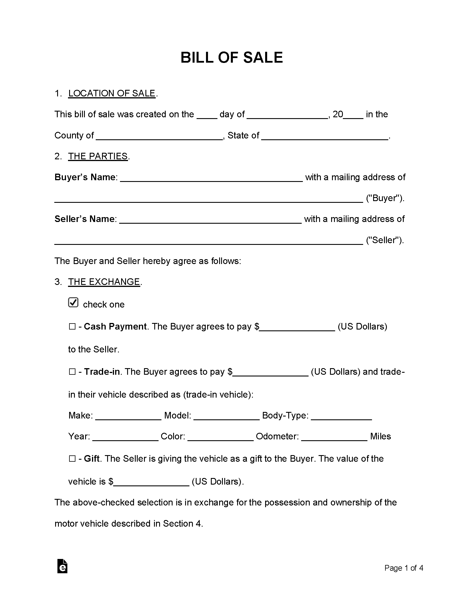 Bill Of Sale Free Printable