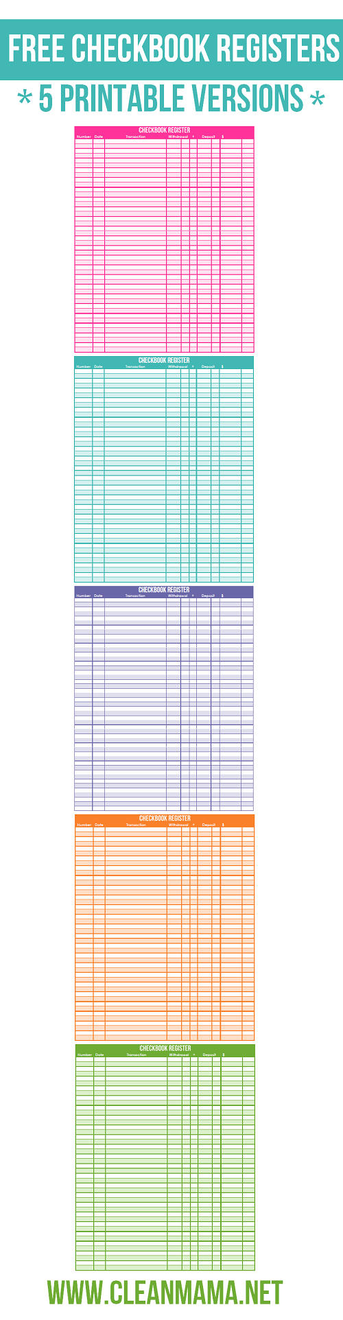 FREE Checkbook Registers 5 Printable Versions Clean Mama