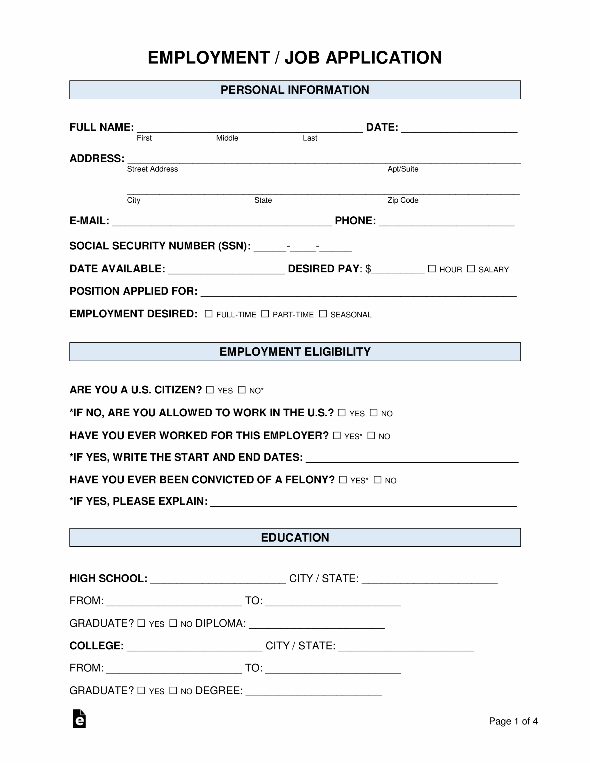 Free Printable Employment Application
