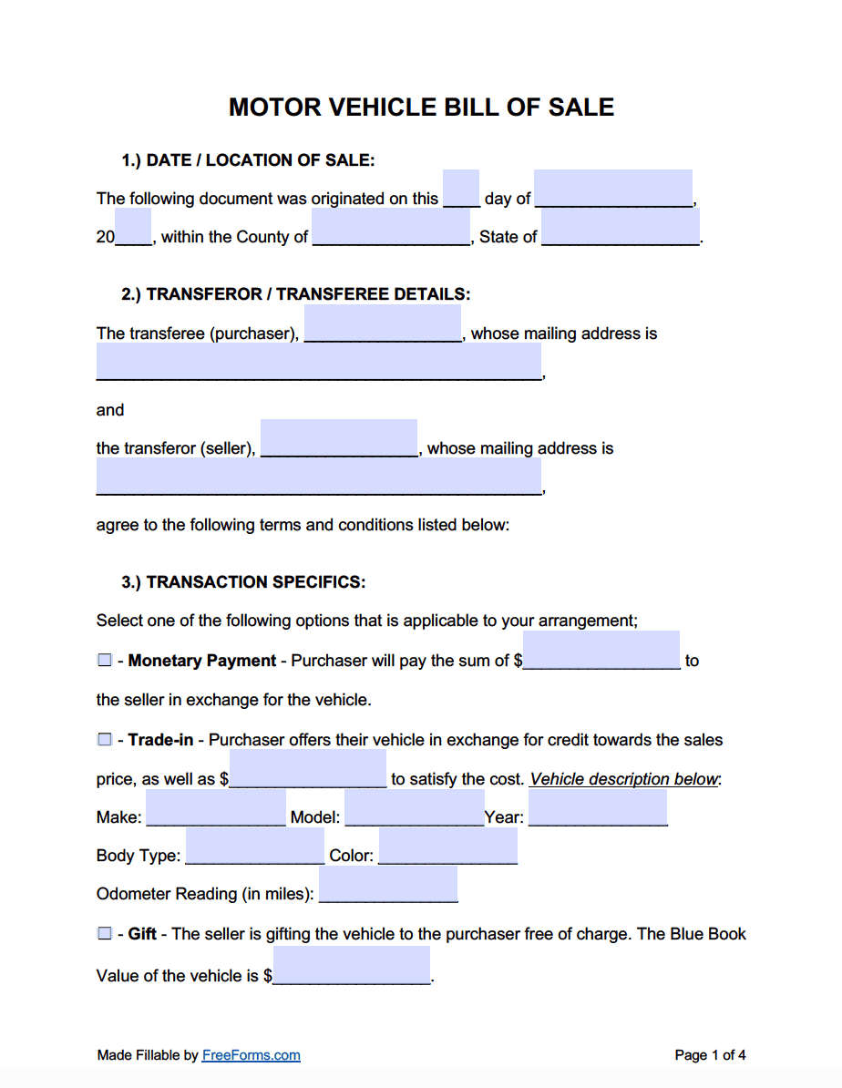 printable bill of sale for vehicle
