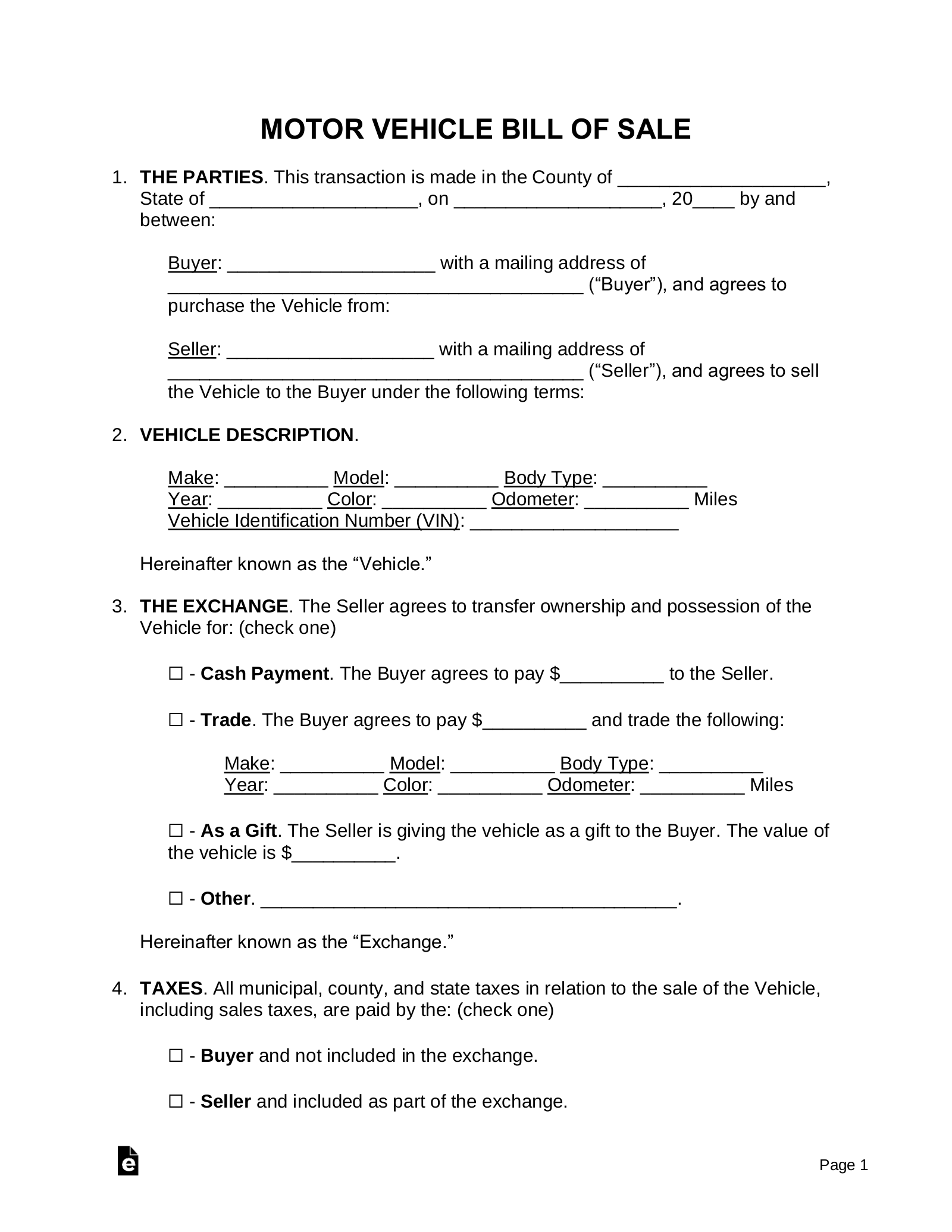 Vehicle Bill Of Sale Printable