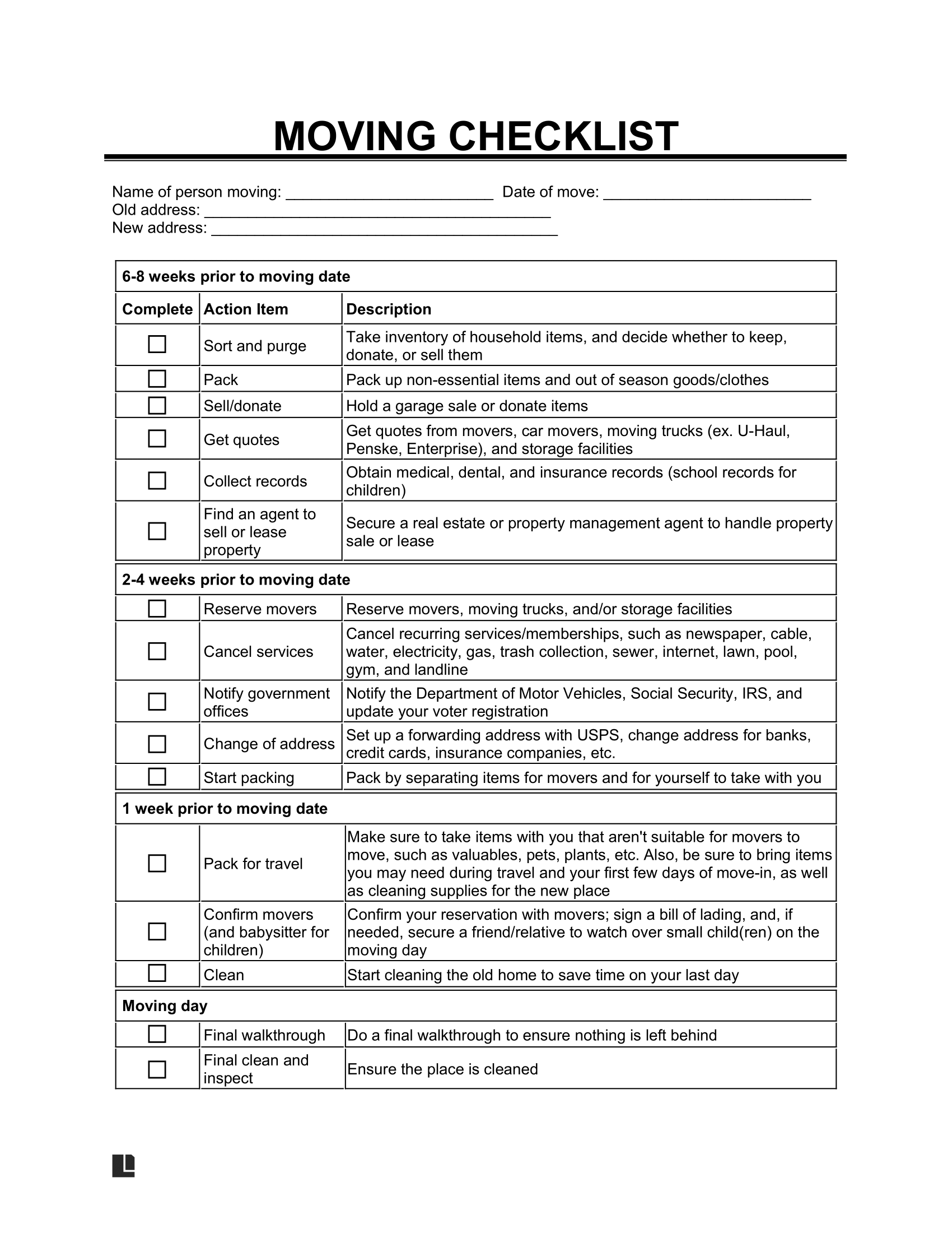 printable moving to do list checklist