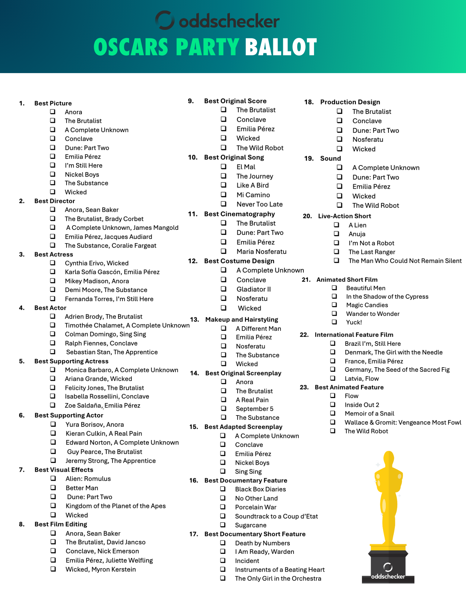Free Printable Oscars Ballot 2025 Academy Awards Nominees Odds Cheat Sheet Oddschecker