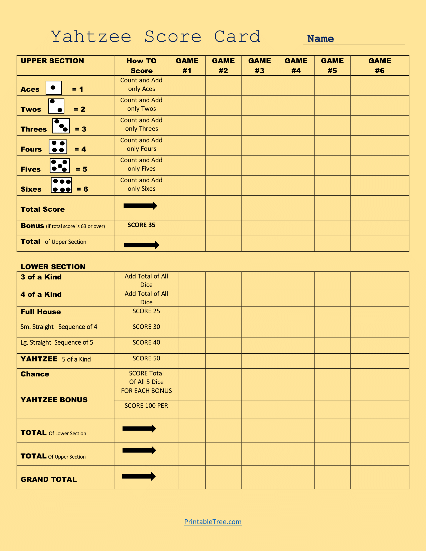 yahtzee score card printable