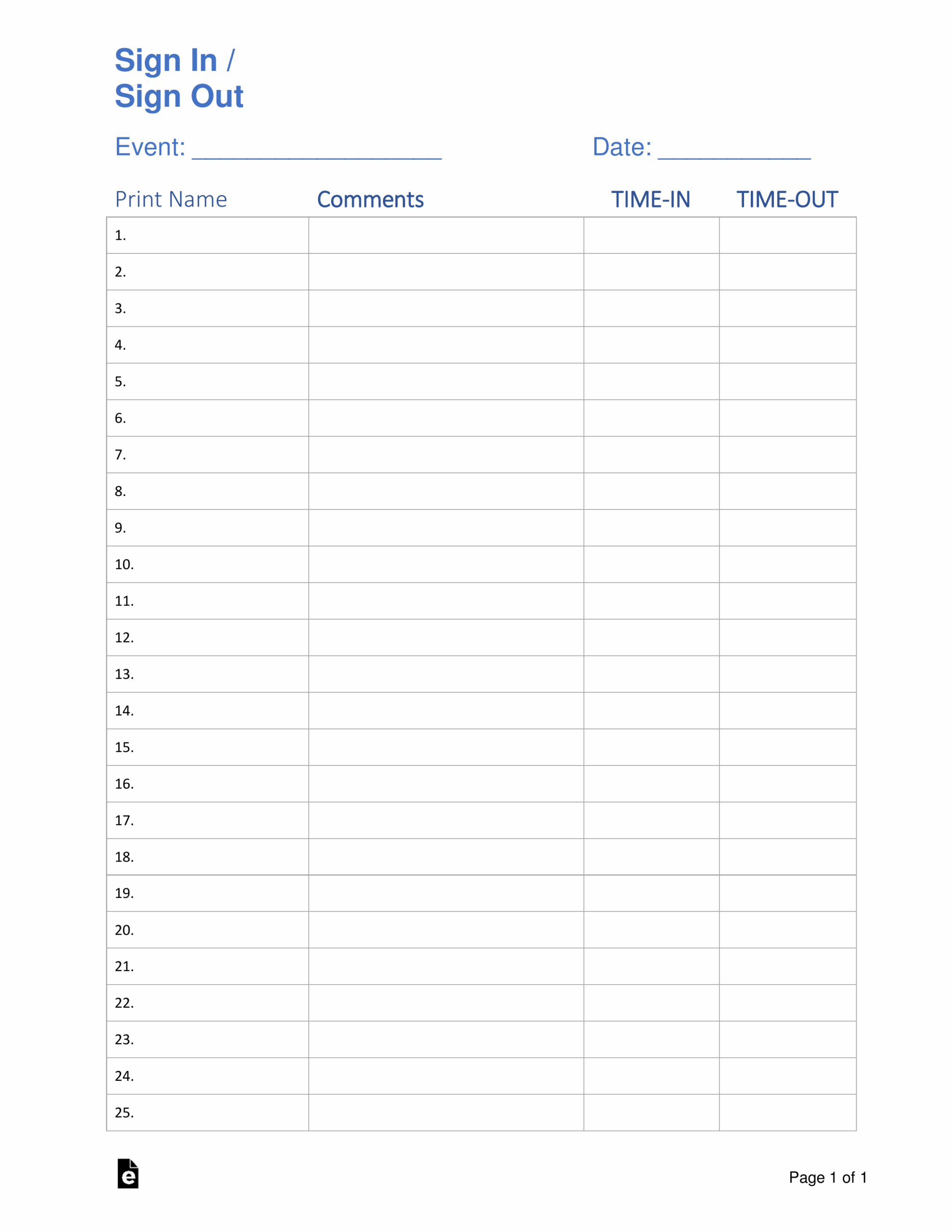 Sign In Sheet Printable