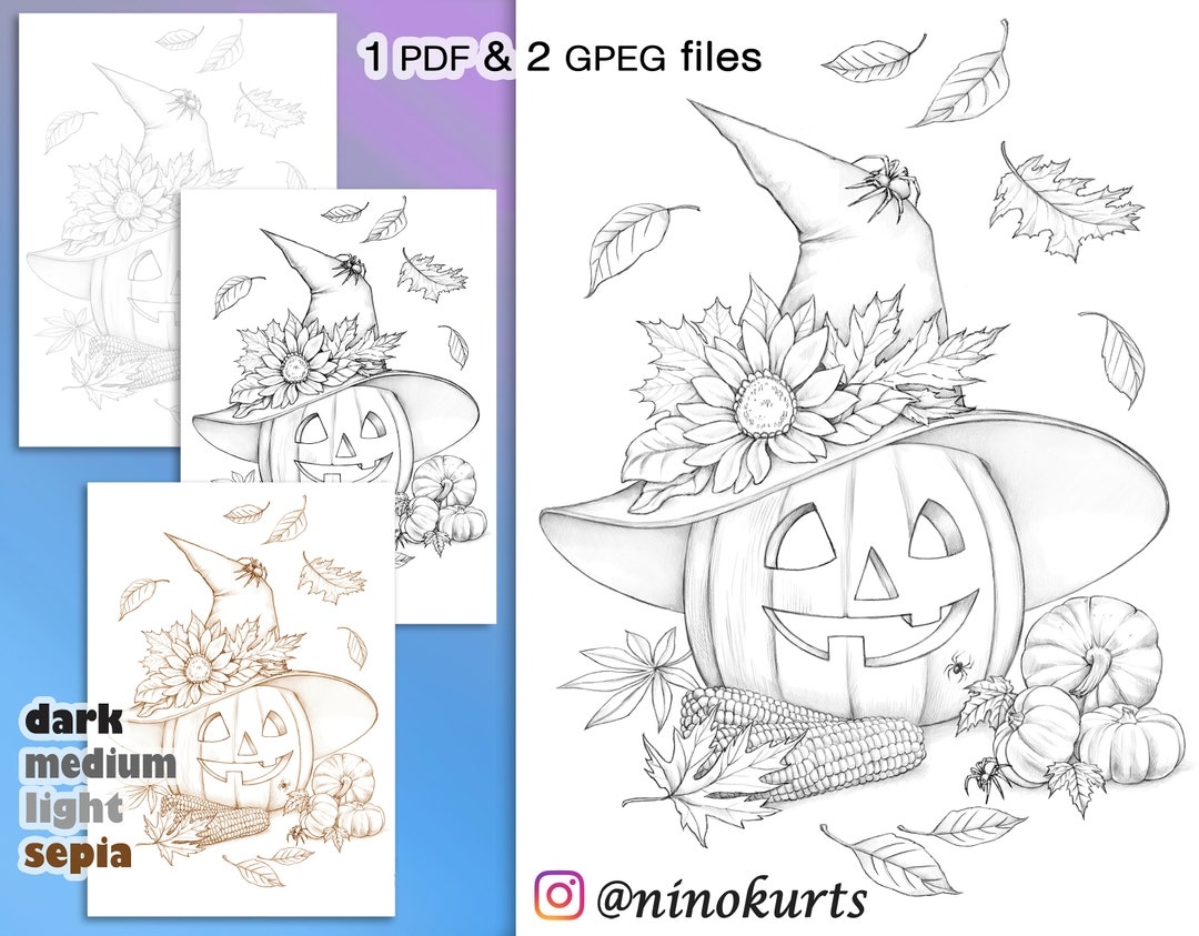 Halloween Printable Adult Coloring Page Download Grayscale Illustration Printable PDF Files Grayscale Coloring Book Etsy