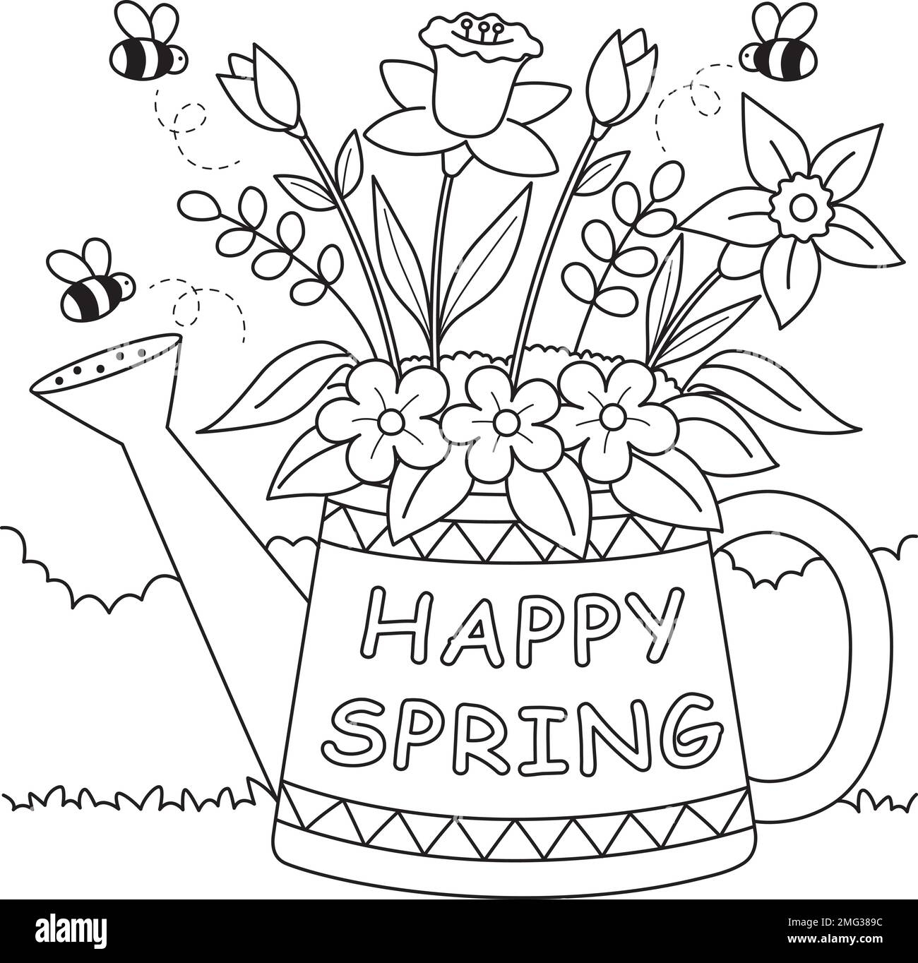 Happy Spring Flower Coloring Page For Kids Stock Vector Image Art Alamy