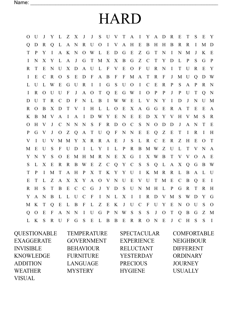 Difficult Word Search Printable