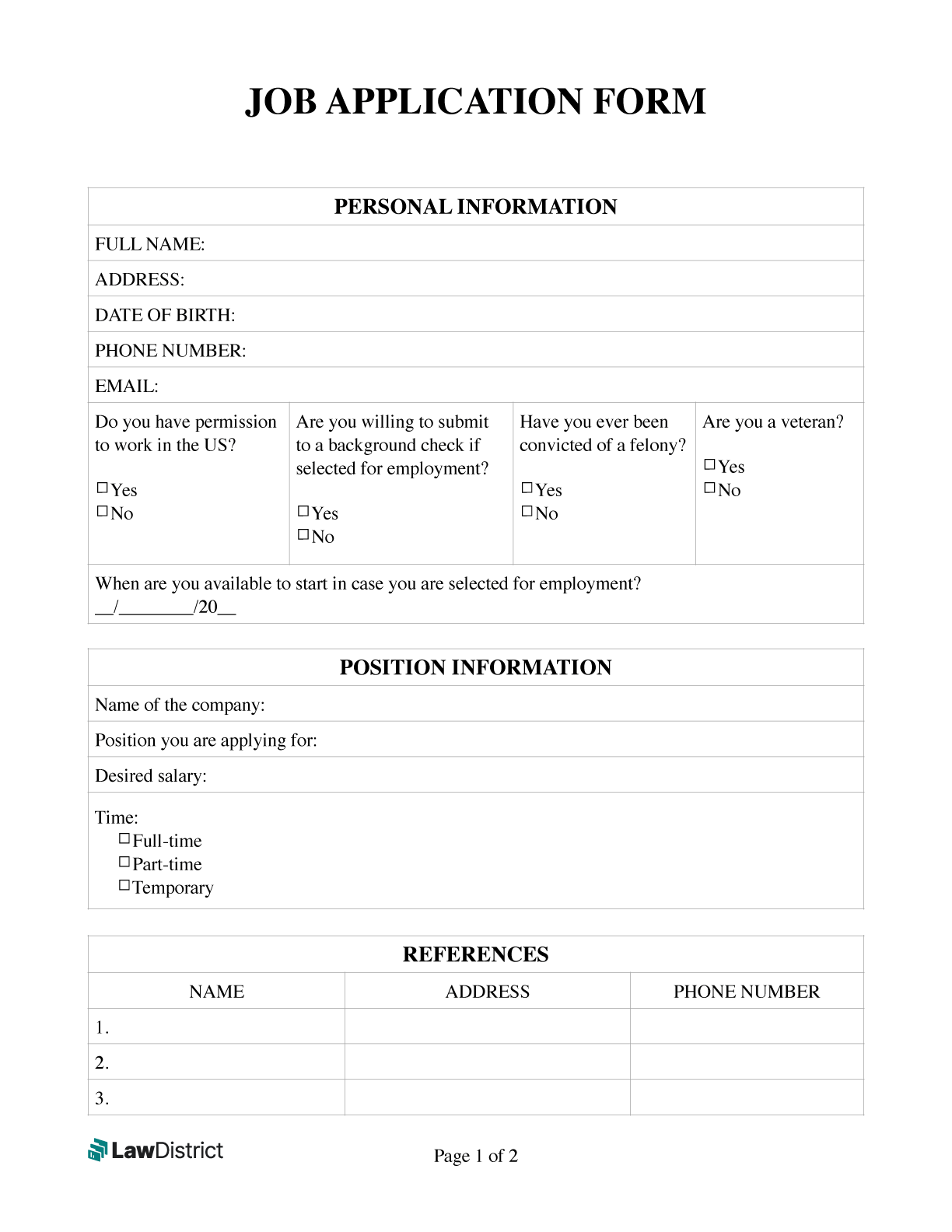 free printable employment application