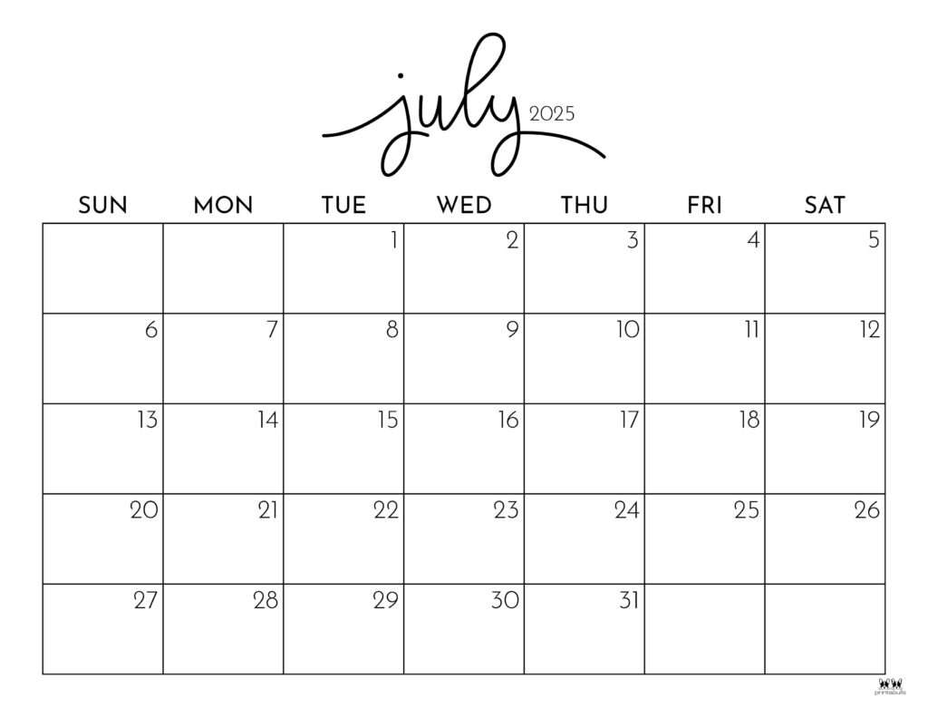 July Monthly Calendar Printable