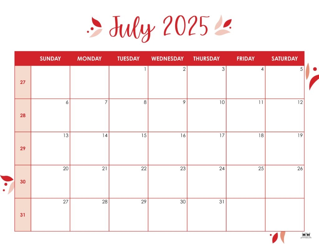 july monthly calendar printable