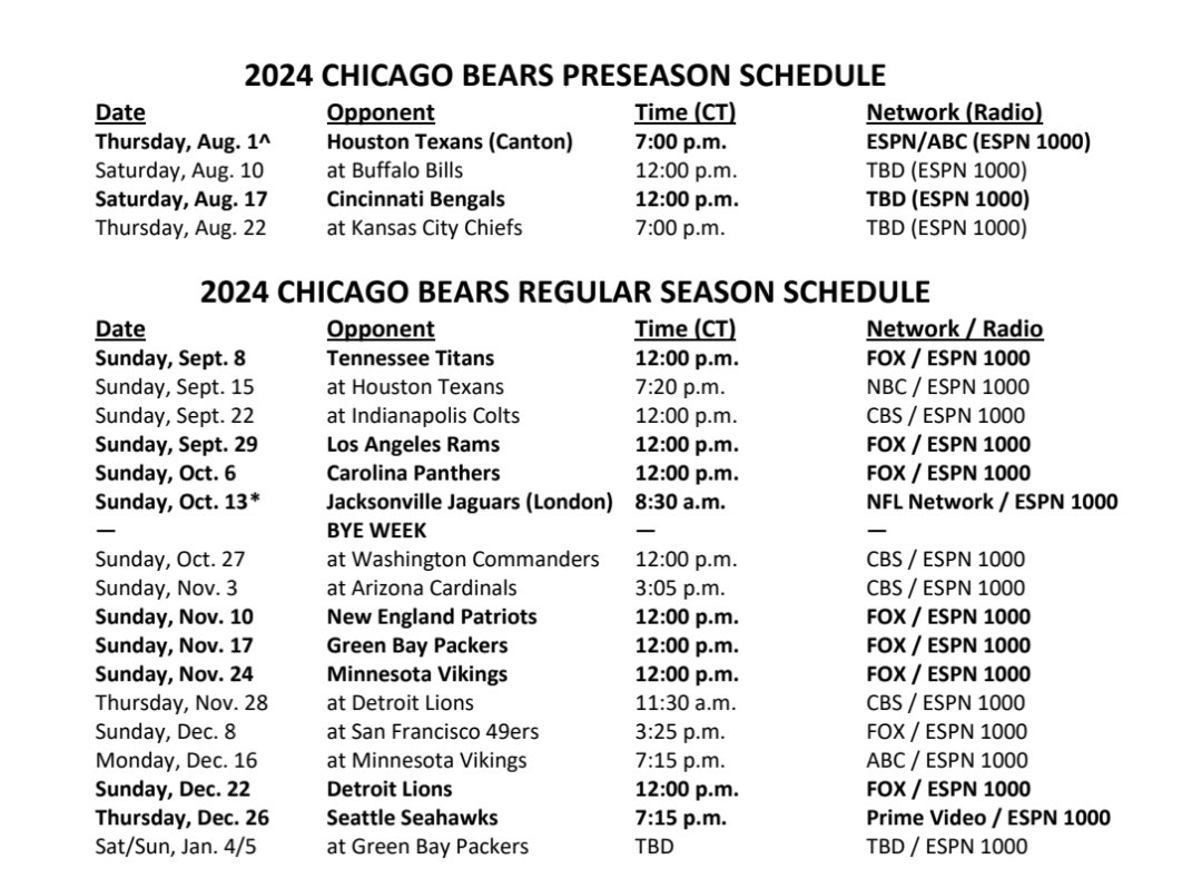 Chicago Bears 2024 Schedule Printable