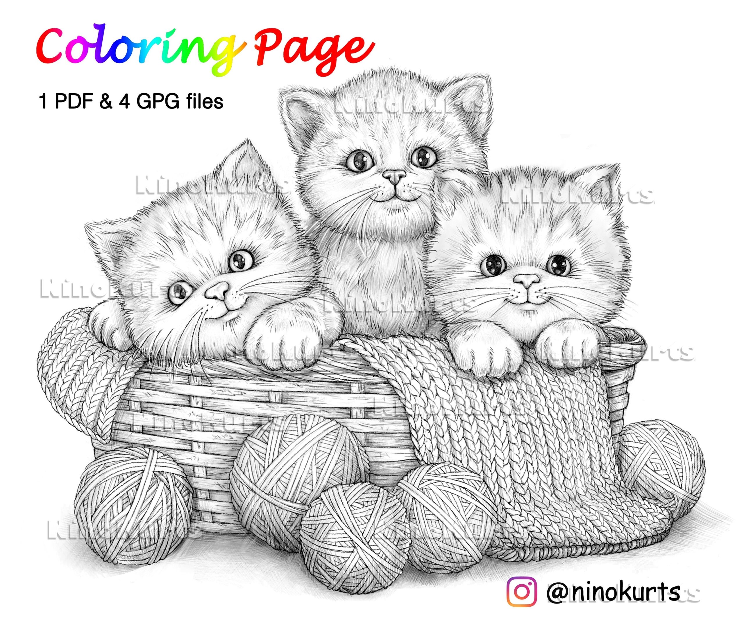 Kittens Coloring Page Printable Adult Coloring Pages Antistress Printable JPG PDF Files Etsy
