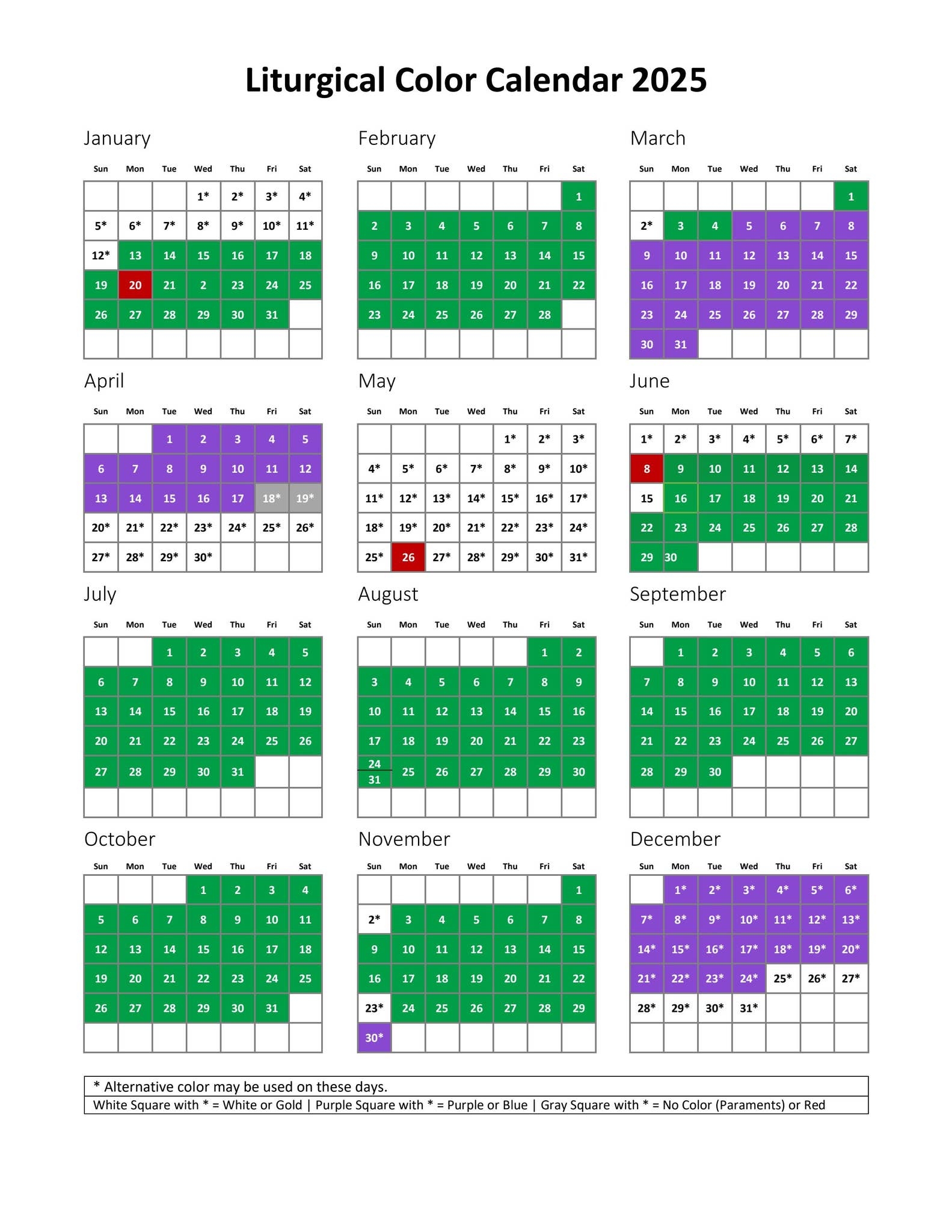 Liturgical Calendar 2025 Printable