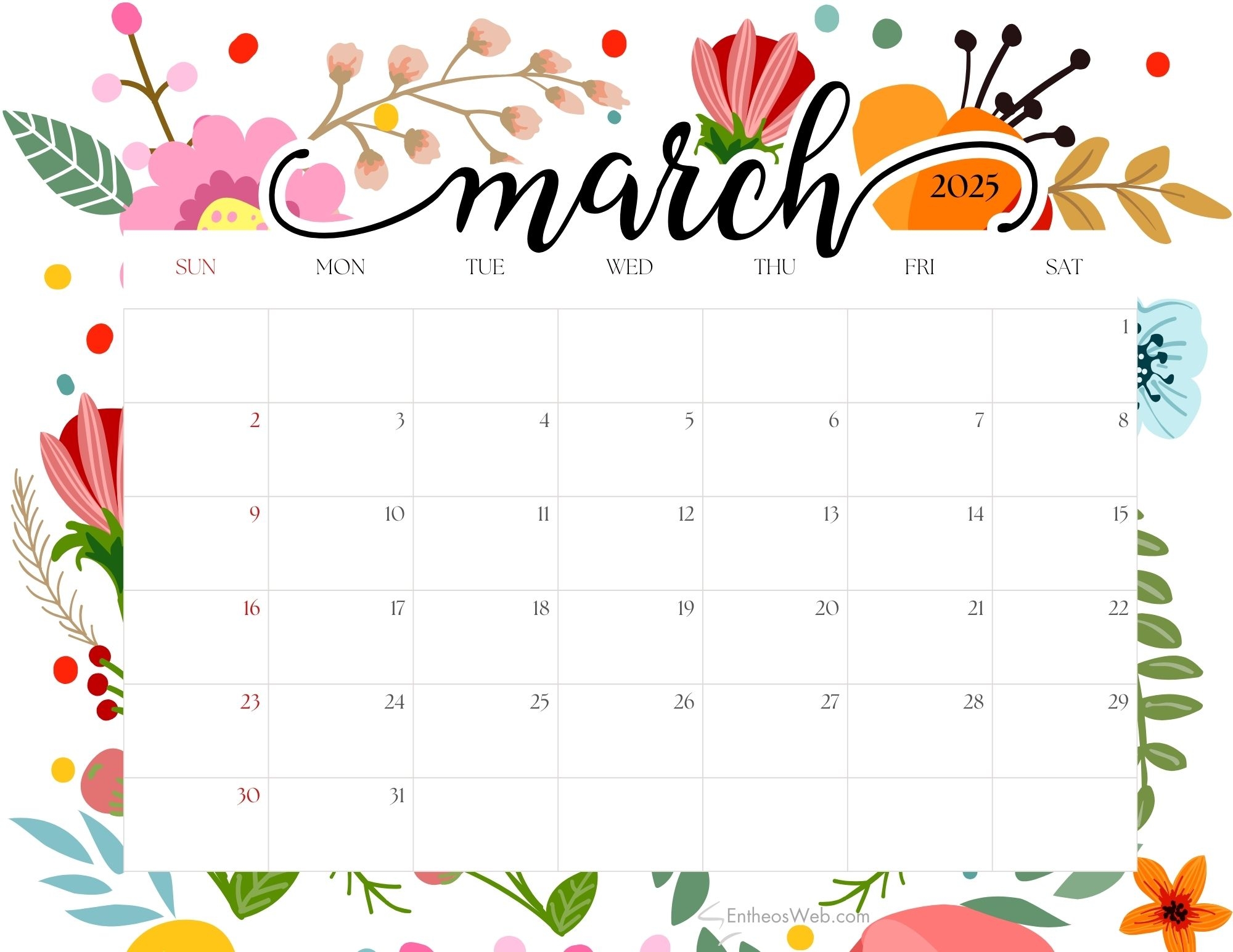 free printable monthly calendar march 2025