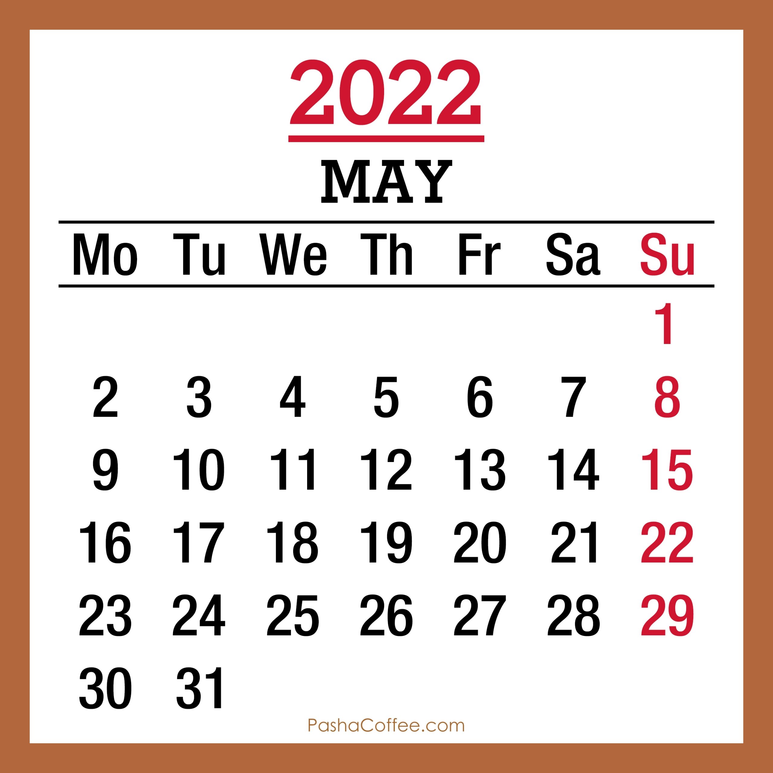 May 2022 Monthly Calendar Printable Free Beige Monday Start PashaCoffee