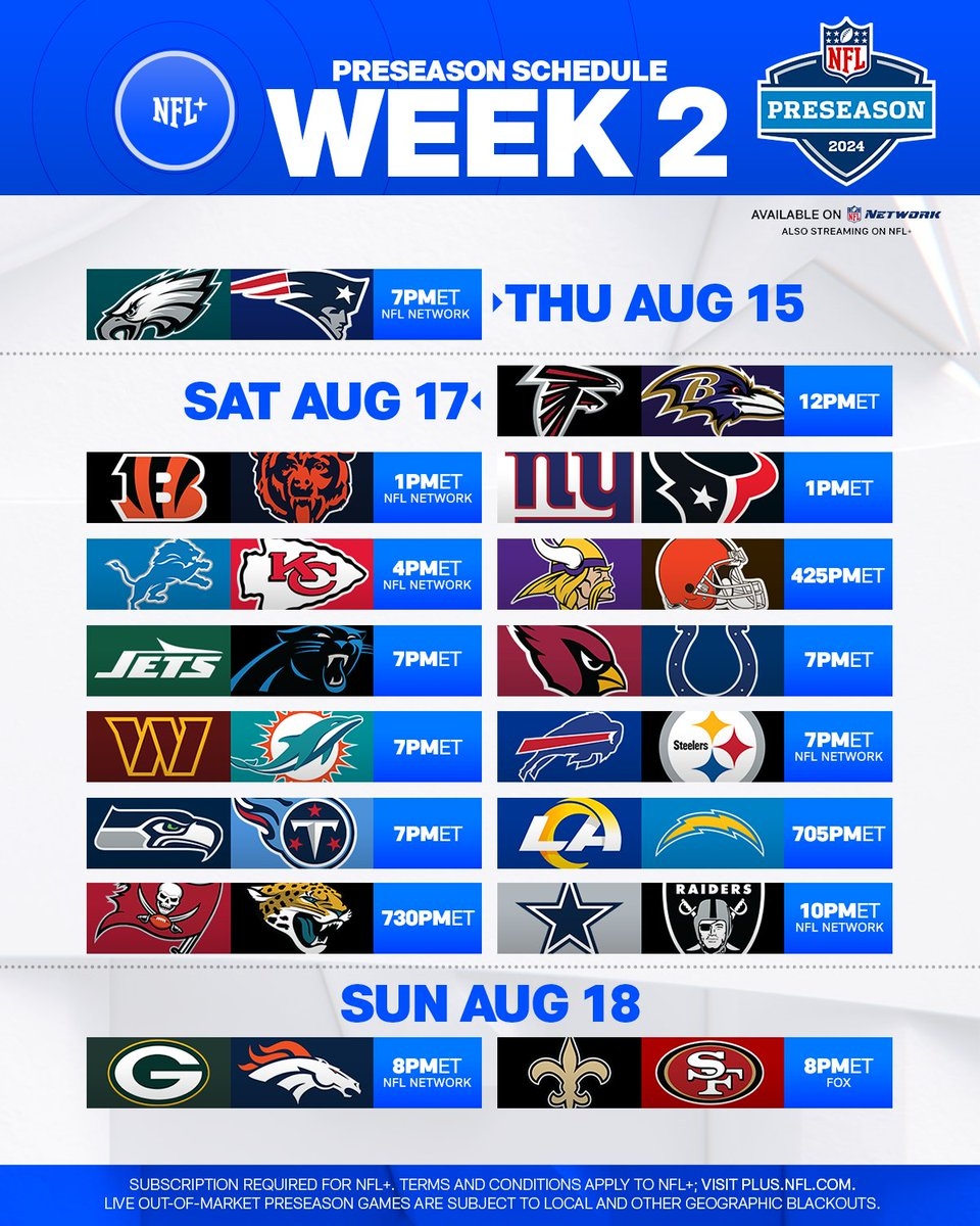 NFL Football Operations On X Clear Out Your Afternoon Schedule A Full Saturday Of NFL Preseason Football Starts At 12PM ET Https t co q1p8h2IIWx X