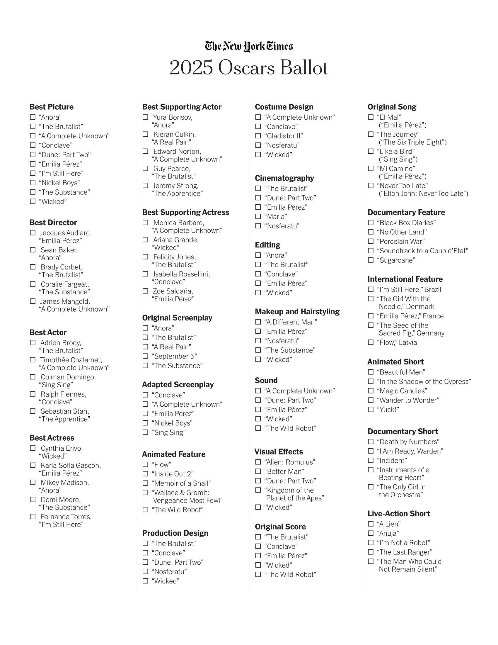 oscar ballot 2025 printable