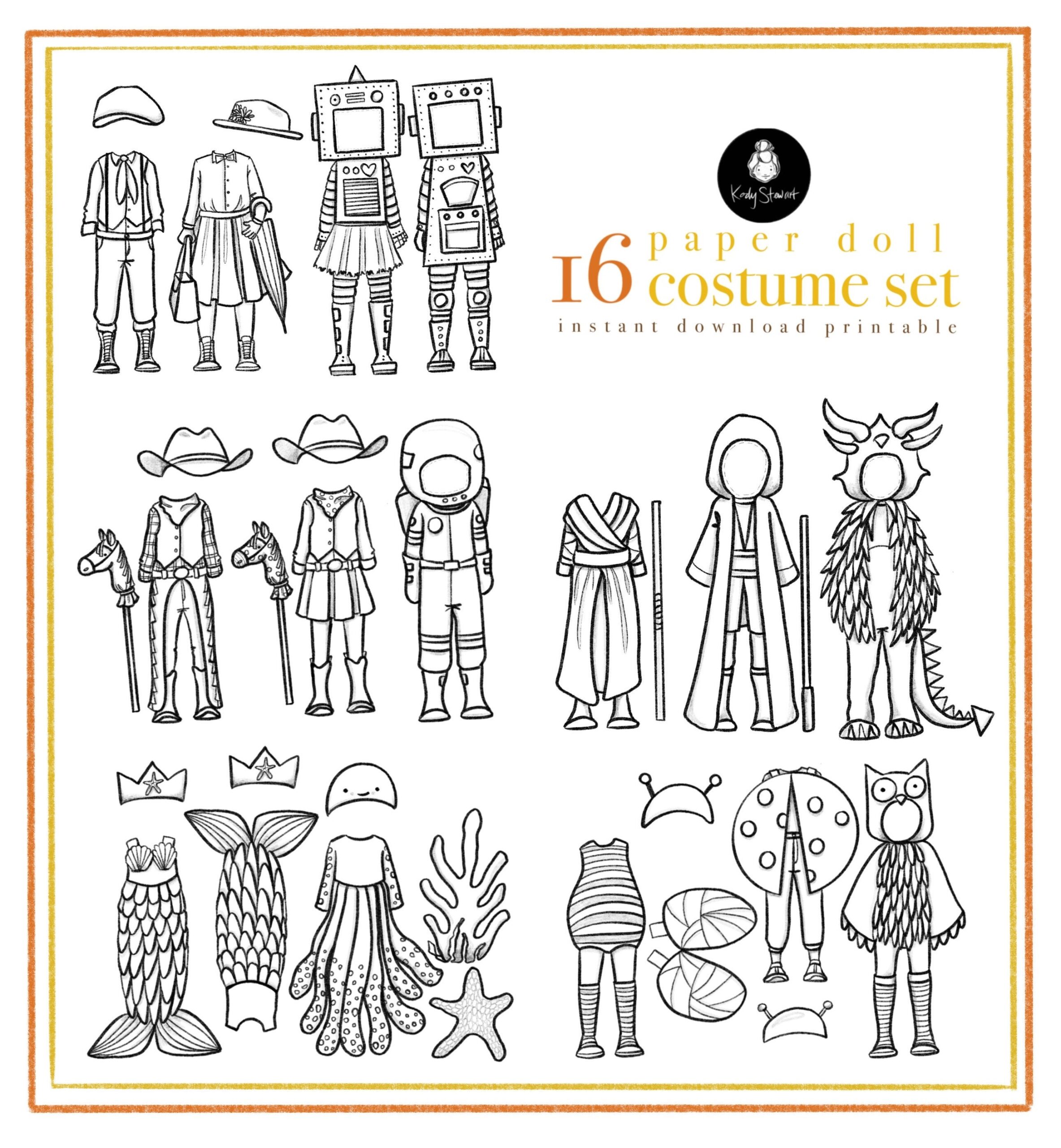 Paper Doll Printable COSTUME BUNDLE Craft Kit Birthday Party Adult Colouring Sheet Modern Paper Doll Printable Etsy
