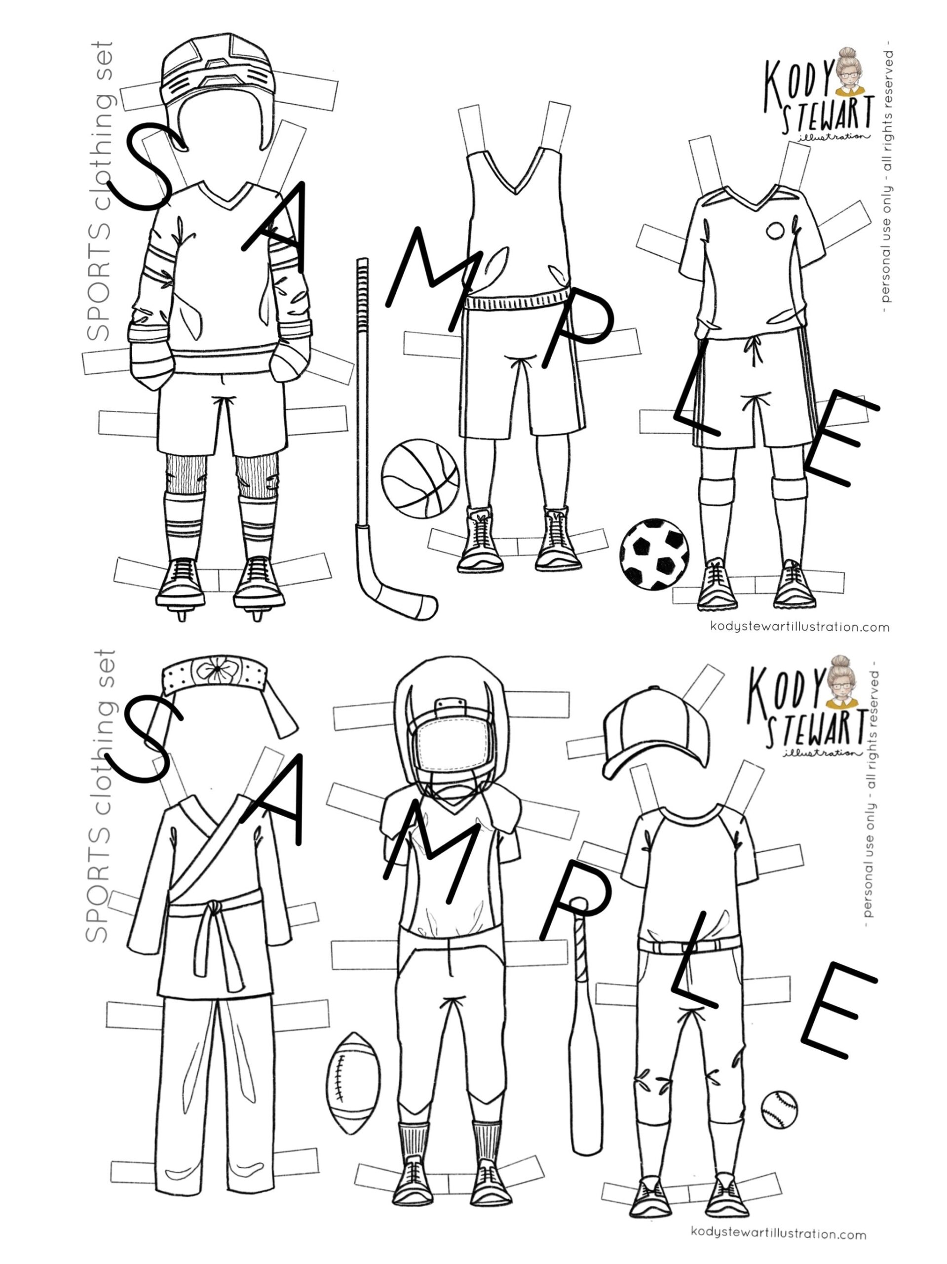 Paper Doll Printable SPORTS Clothing Craft Kit Birthday Party Adult Colouring Sheet Modern Paper Doll Printable Etsy