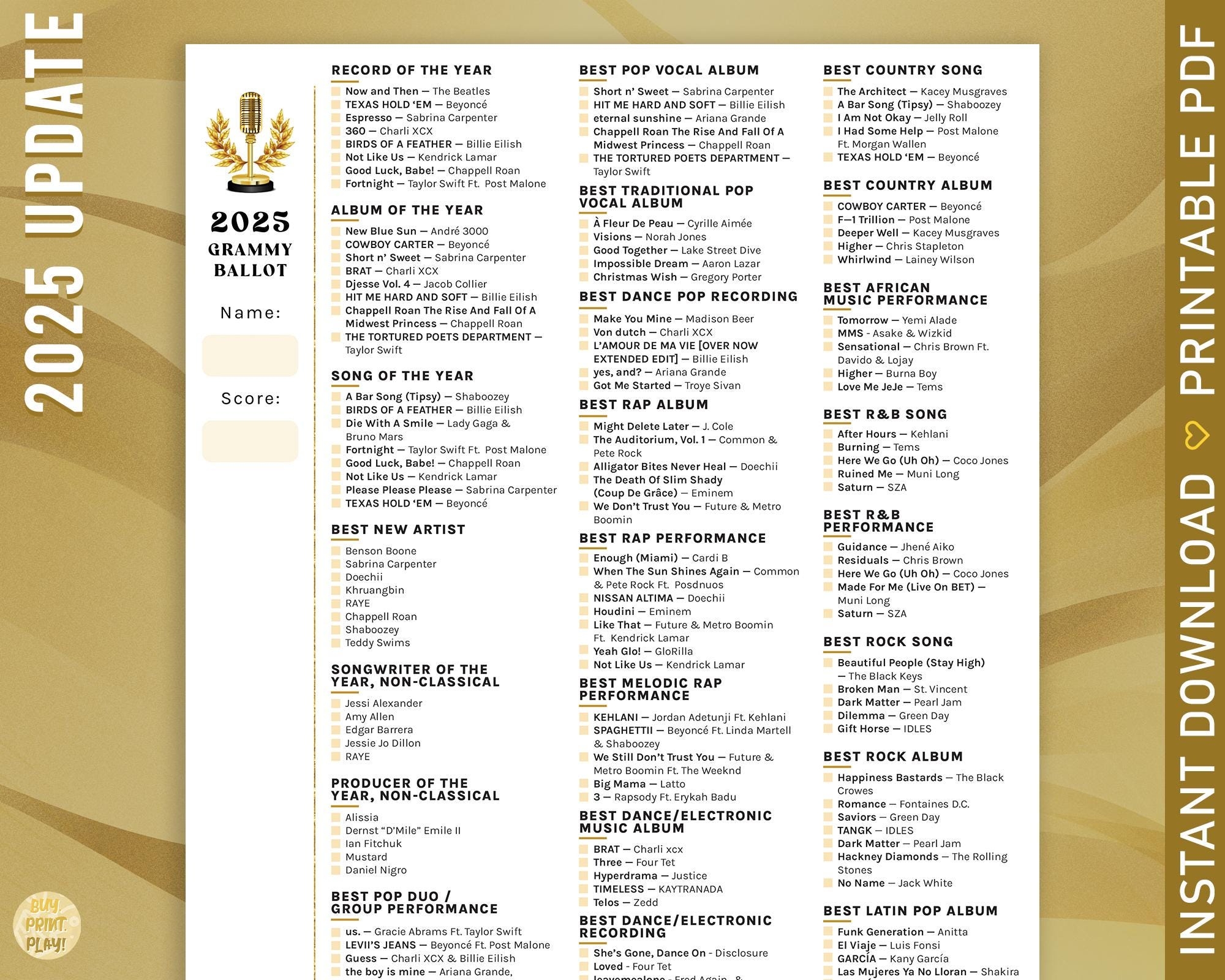 Printable 2025 Grammys Voting Ballot Predictions Game For Television Ceremony Music Academy Awards Watch Party With 26 Major Categories Etsy