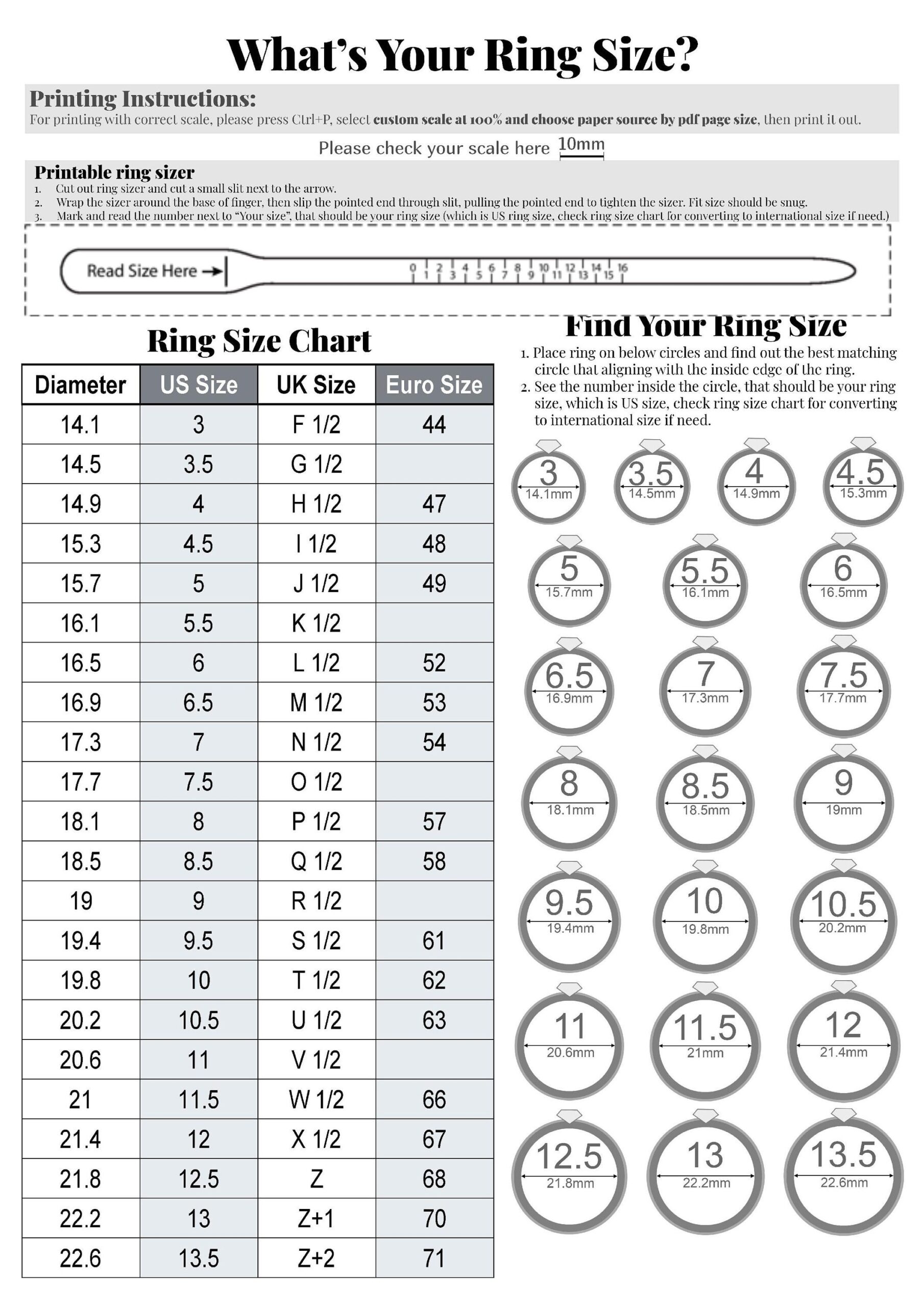 Printable Diamond Ring Sizer Ring Size Finder Ring Size Measure International Ring Size Chart Ring Sizer Tool Instant Easy Download Etsy